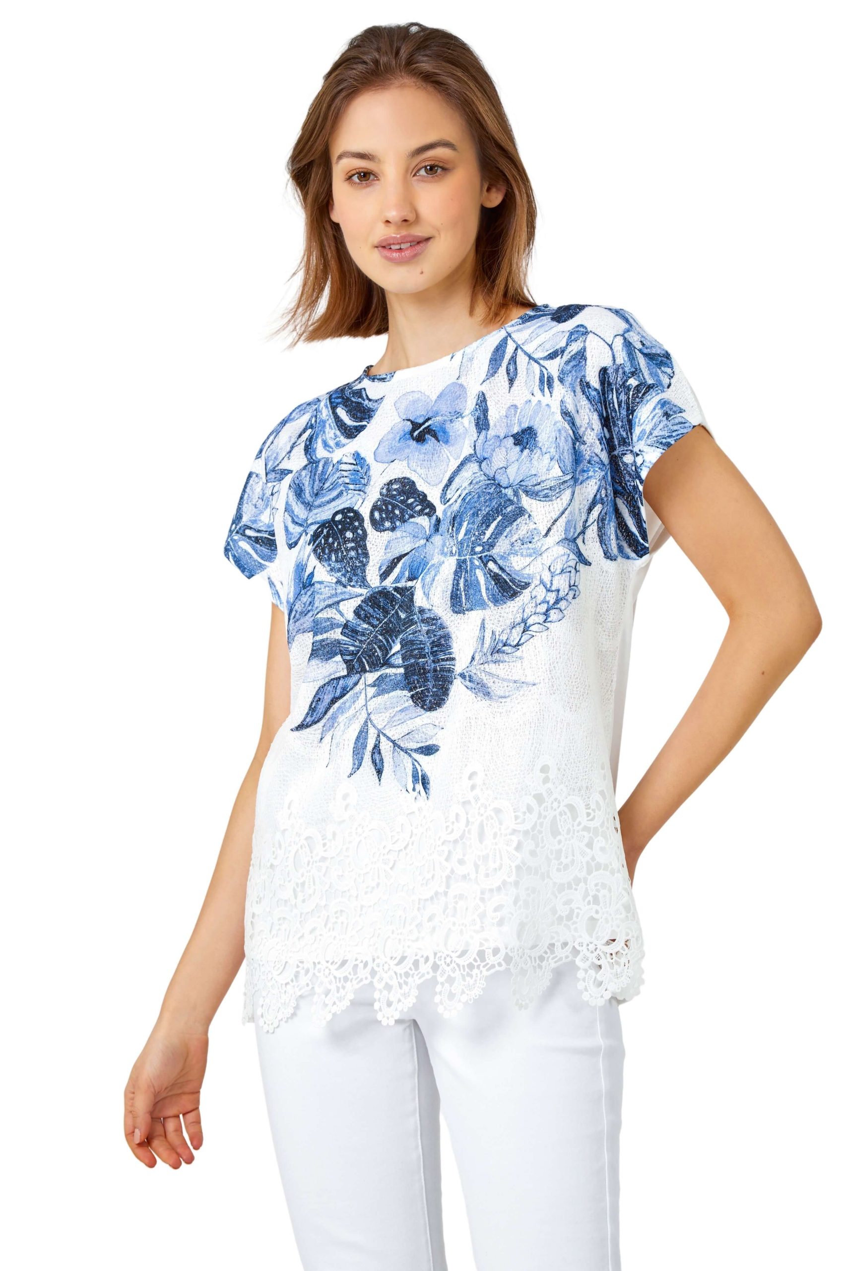 Floral Print Lace Trim Stretch T-Shirt