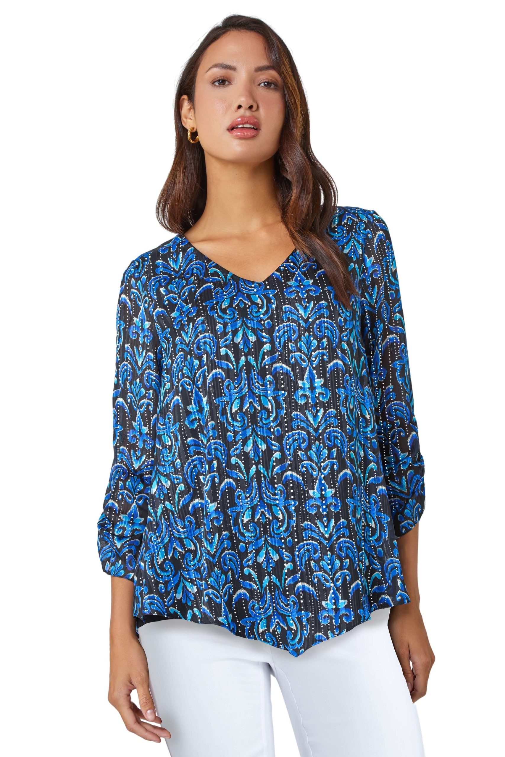 Abstract Metallic Ruched Chiffon Blouse