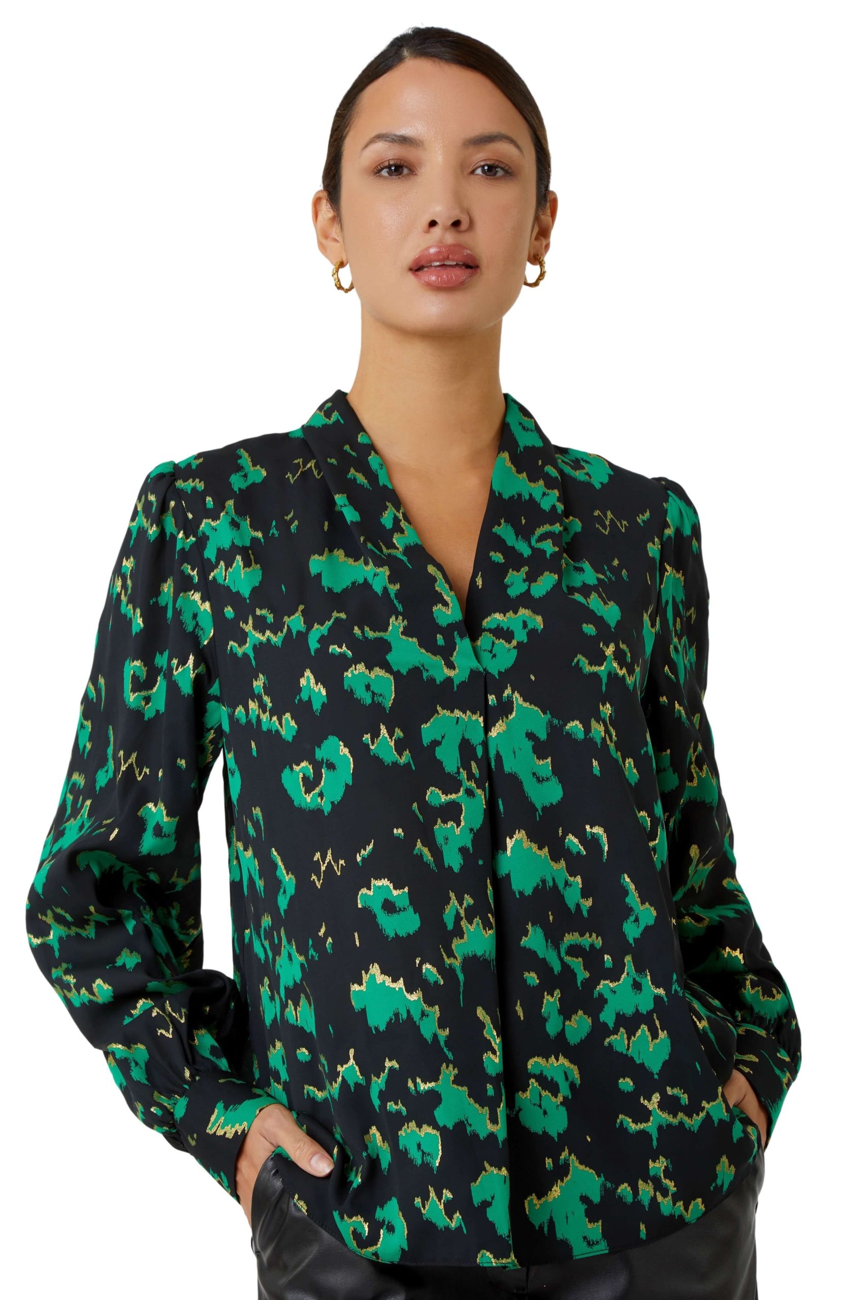 Abstract Print Metallic V-Neck Blouse