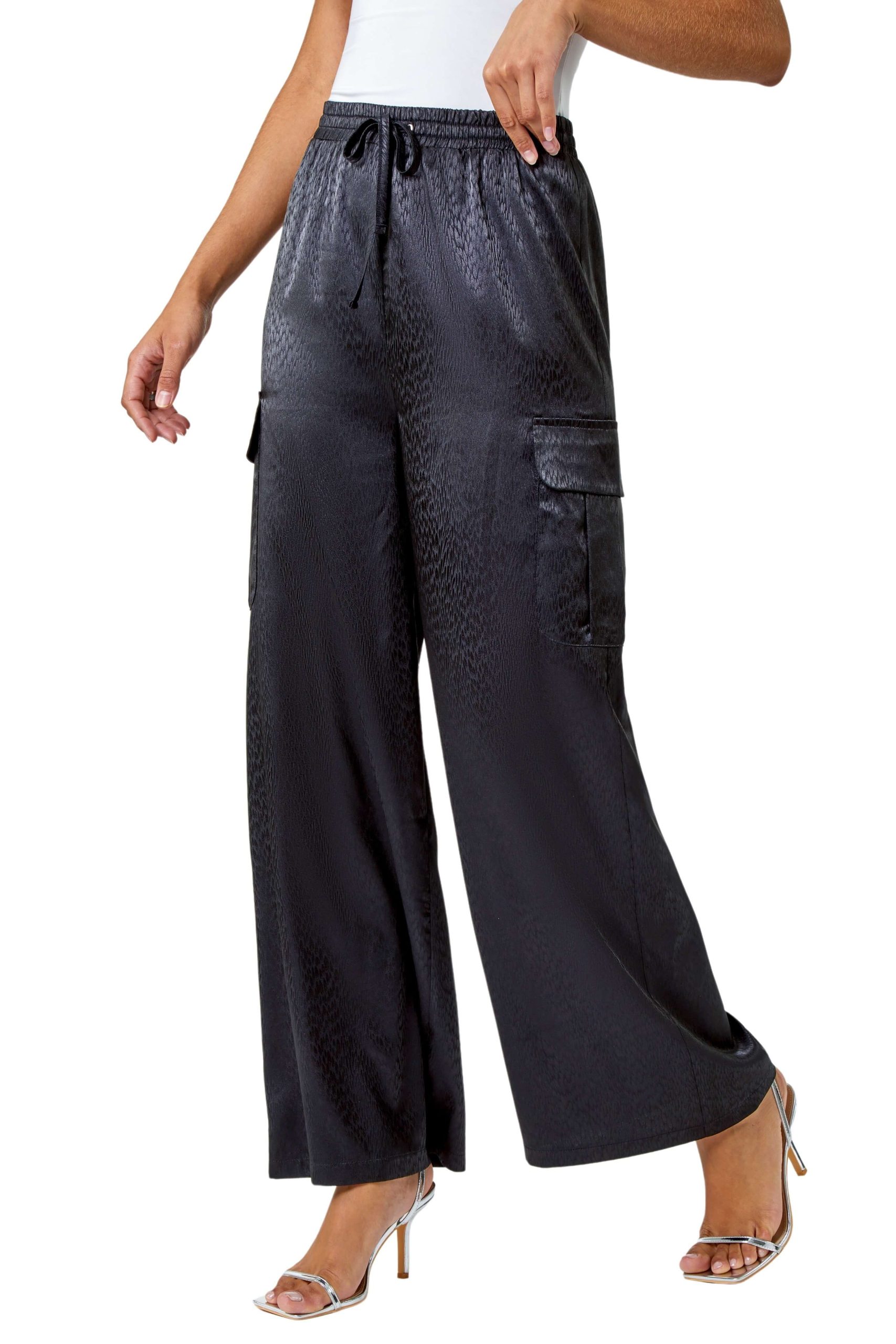 Animal Print Satin Stretch Cargo Trousers