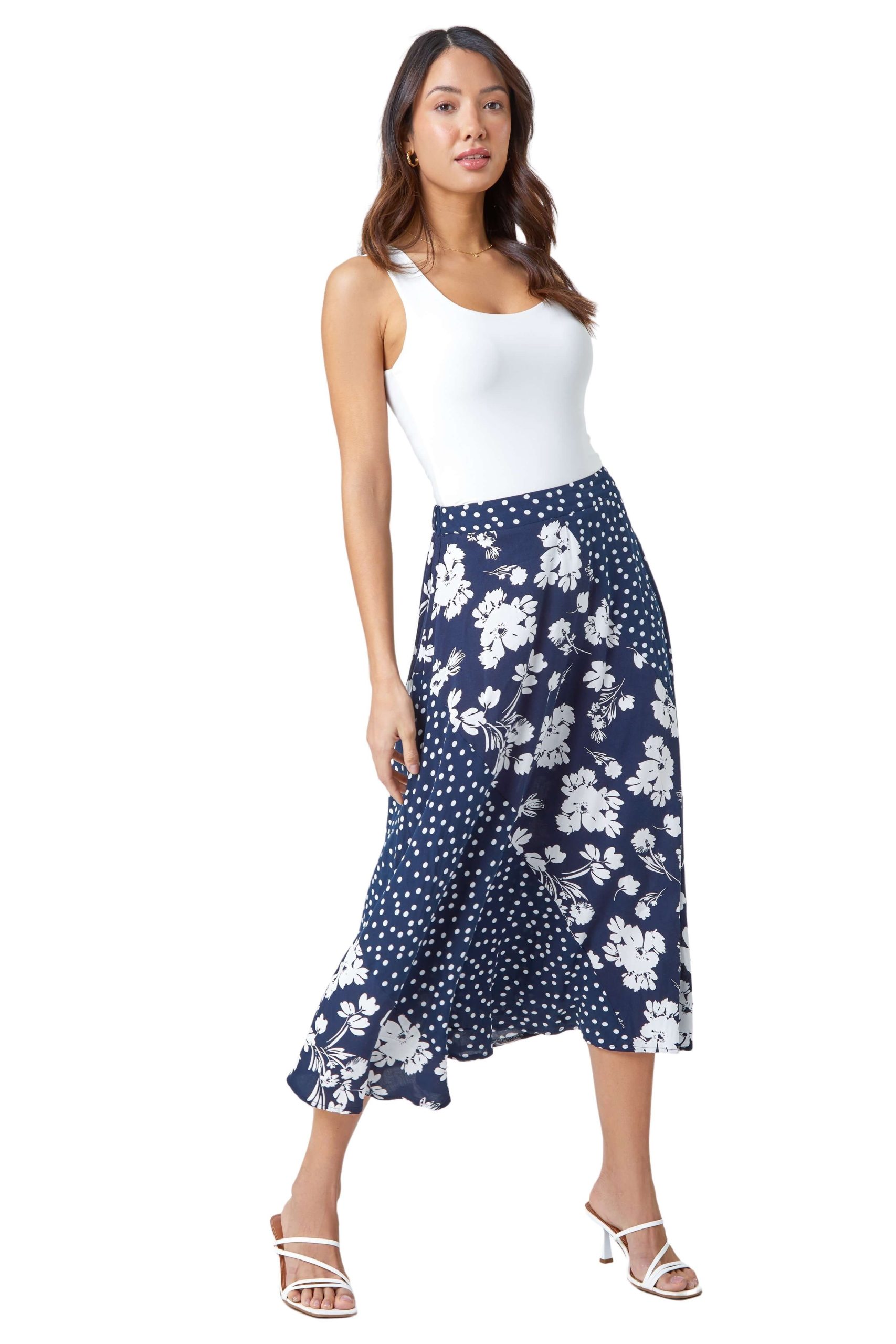 Mixed Floral Spot Print A Line Midi Skirt