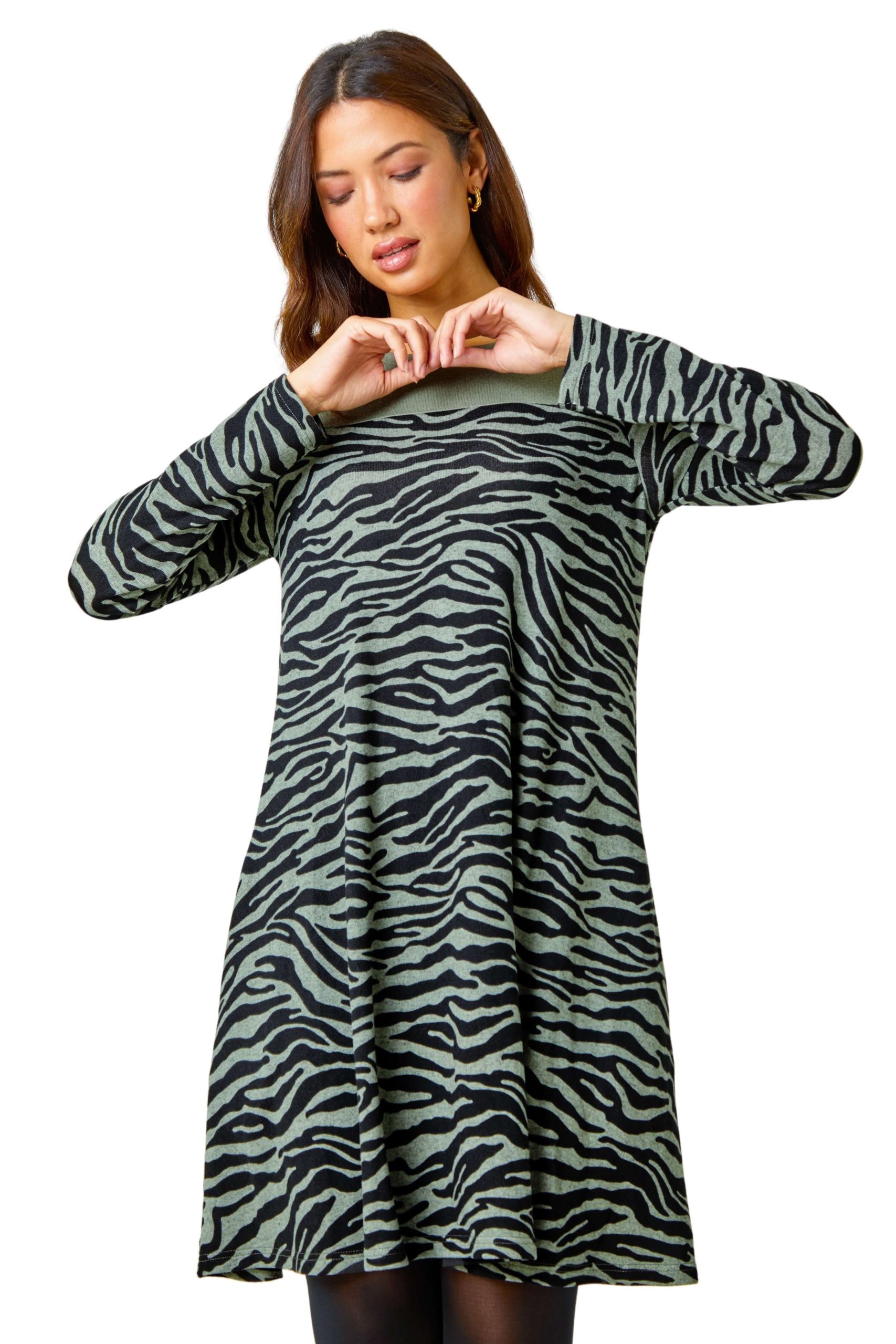 Zebra Print Button Detail Stretch Swing Dress