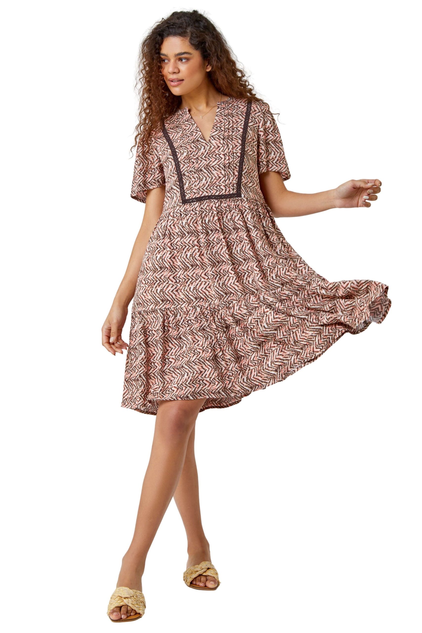 Zig Zag Lace Trim Smock Dress