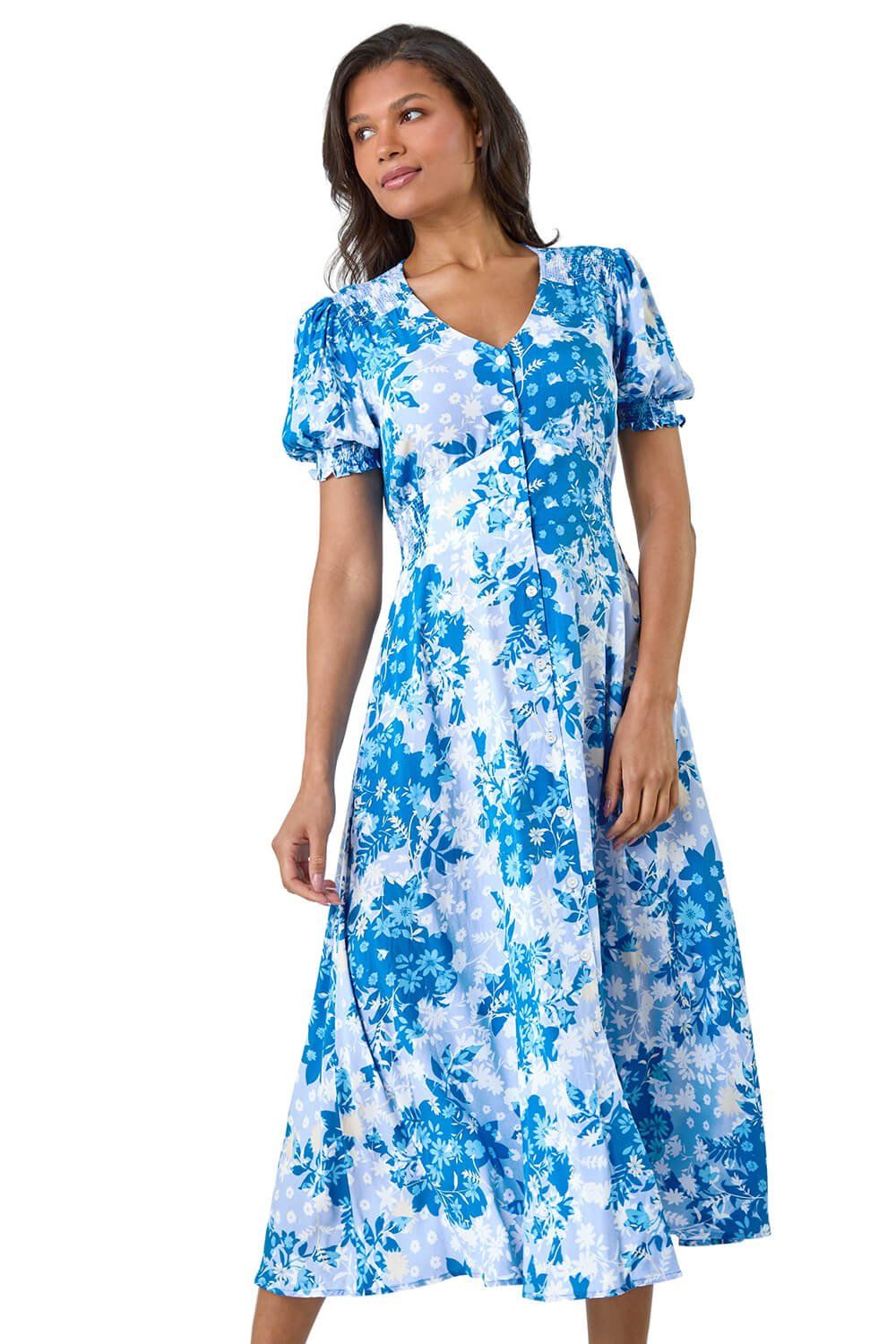 Button Through Floral Shirred Midi Dress