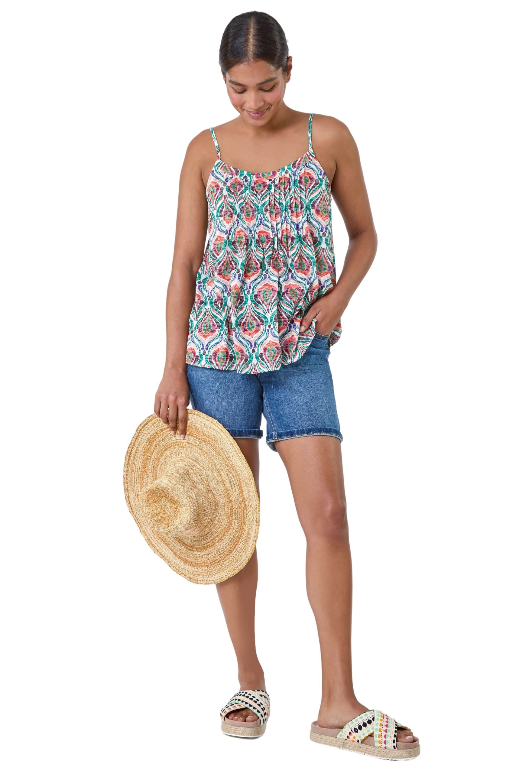 Abstract Print Pleat Front Cami Top