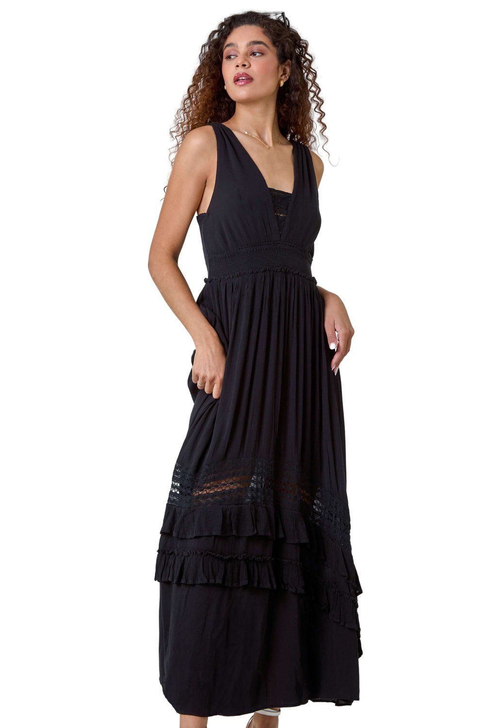 Lace Detail Shirred Frill Maxi Dress