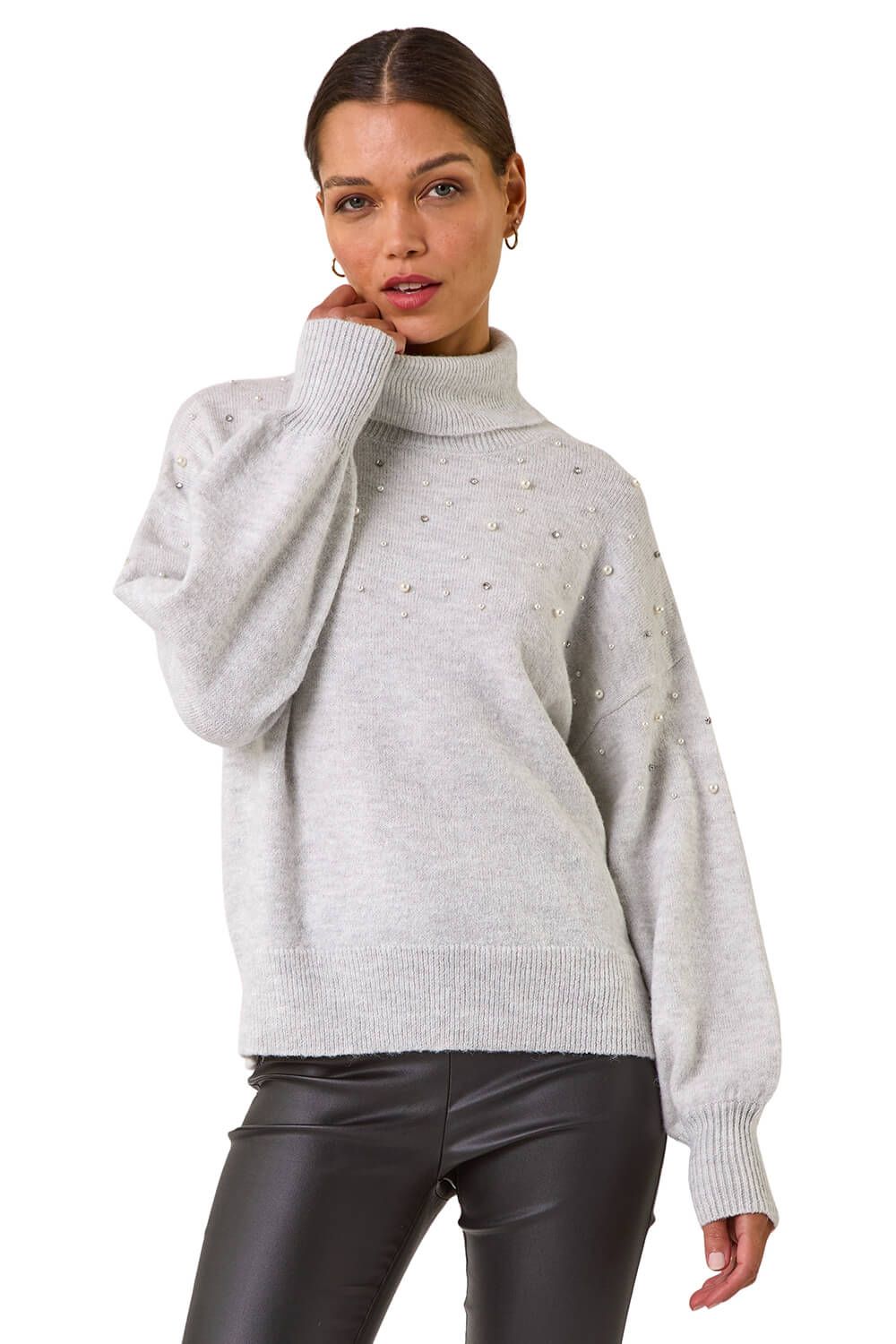 Faux Pearl Roll Neck Knit Jumper