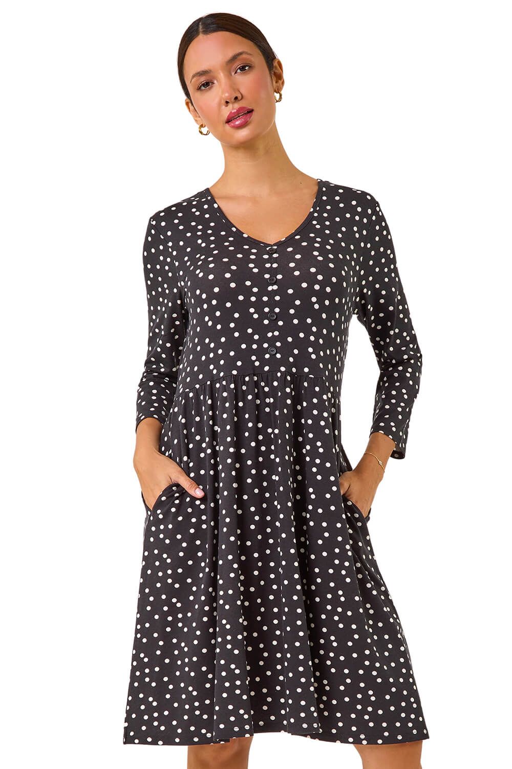 Spot Print Button Detail V-Neck Dress