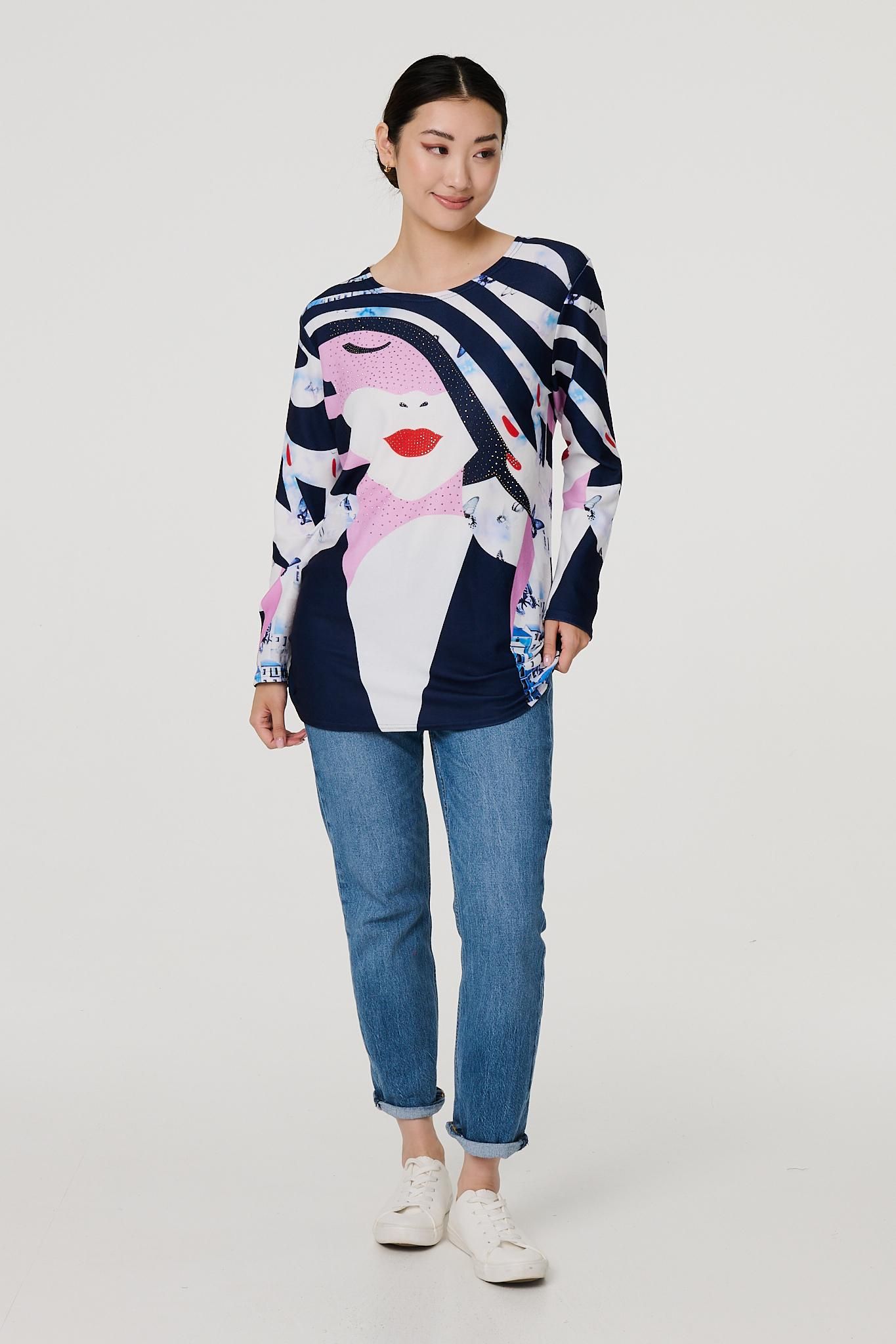 Abstract Print Long Sleeve Tunic Top