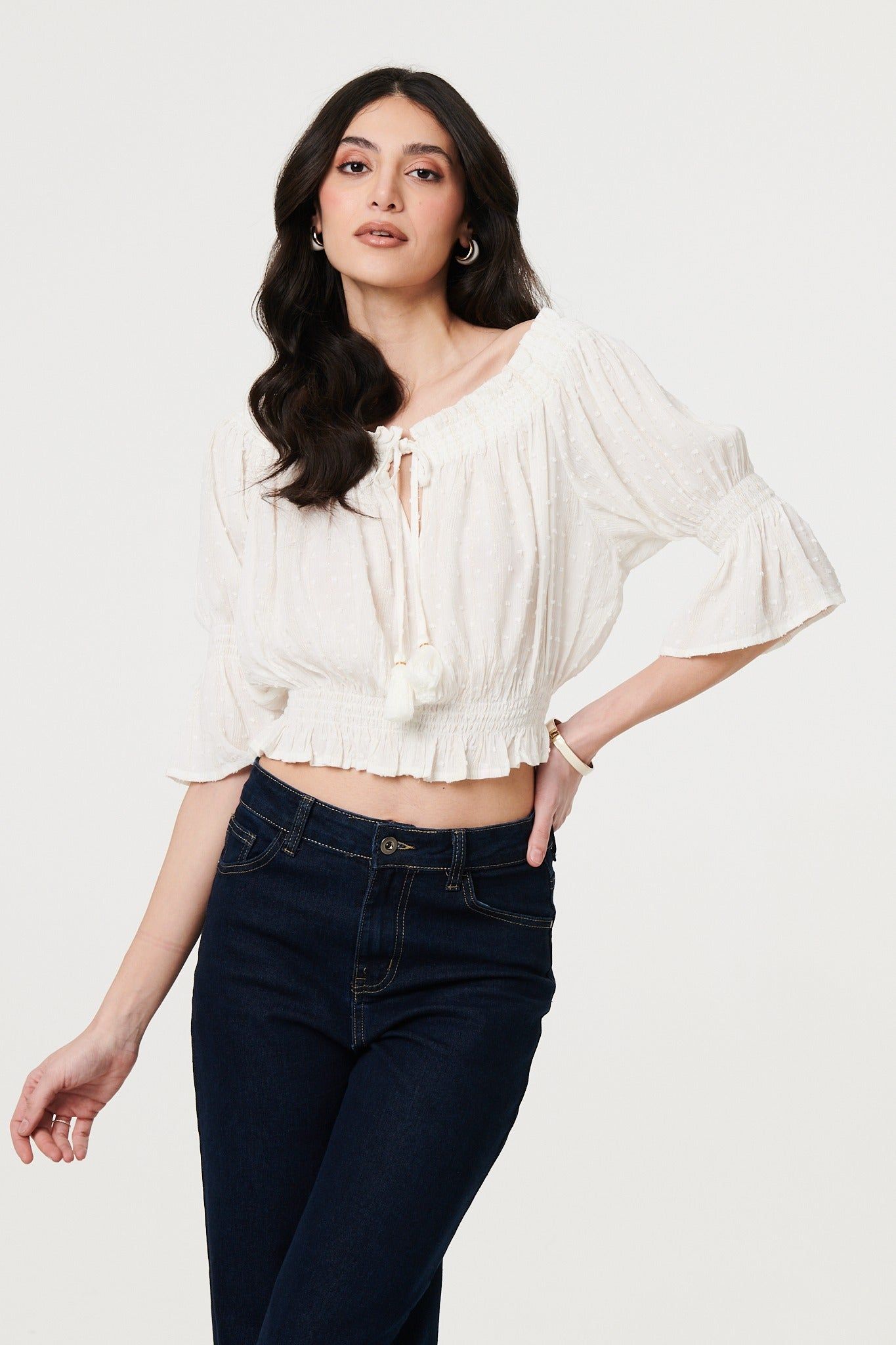 Textured Bardot Ruched Crop Top