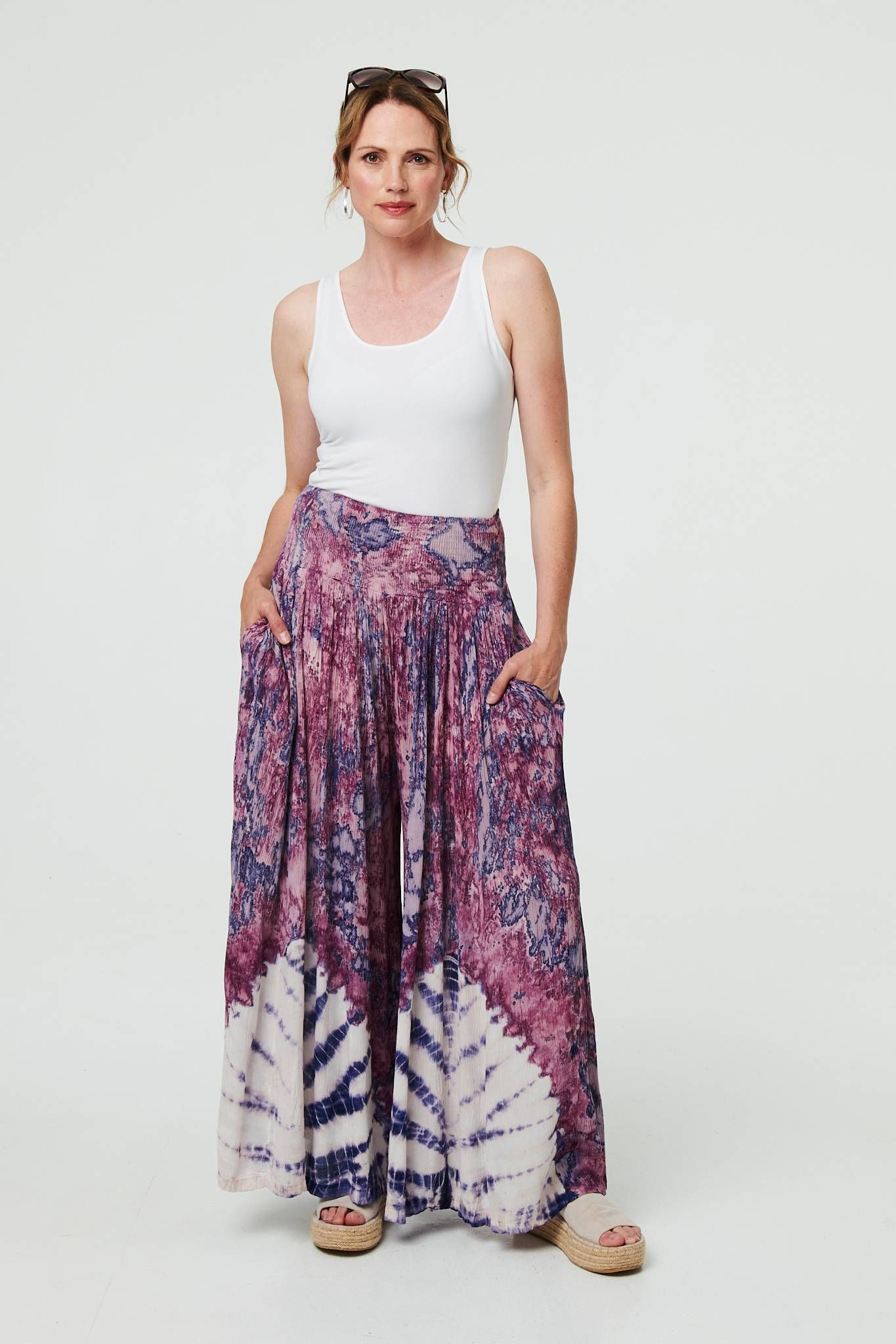 Tie Dye High Waist Shirred Wide Trousers