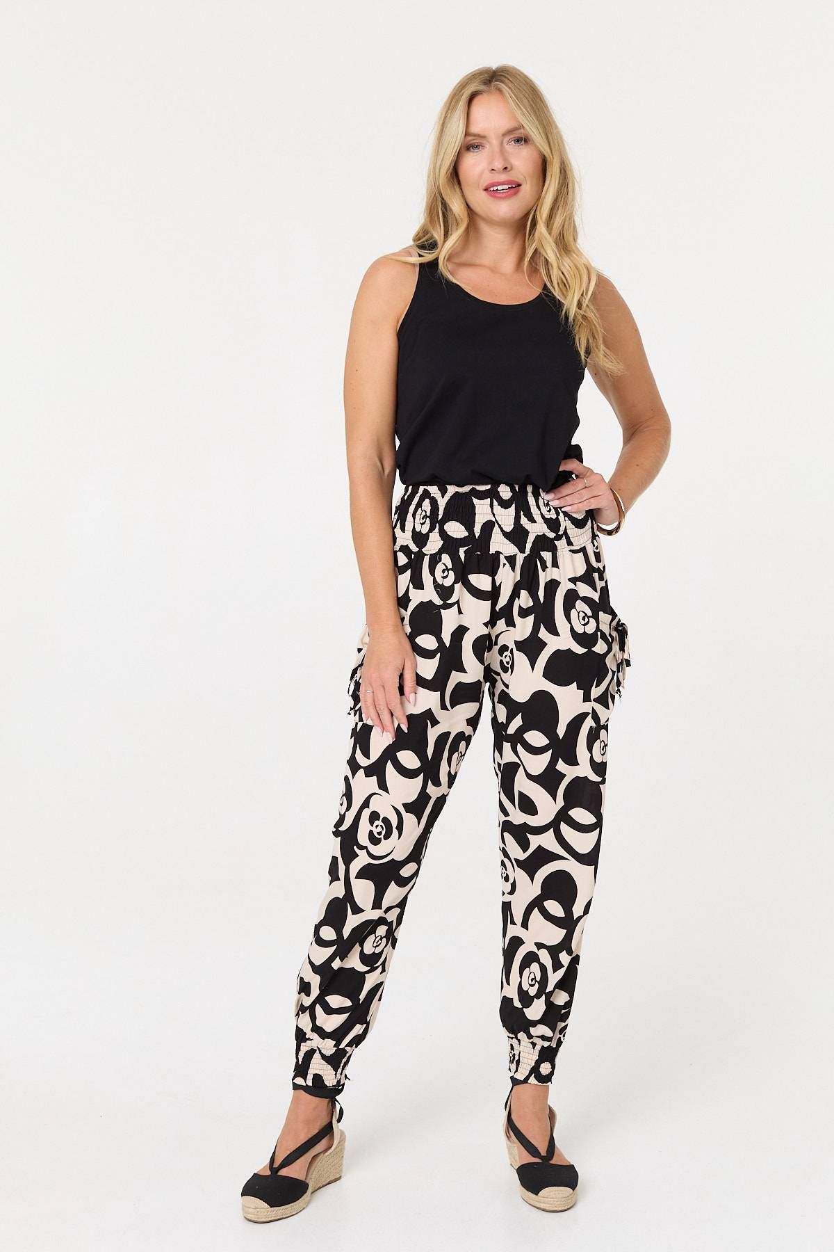 Printed Shirred High Waist Harem Pants