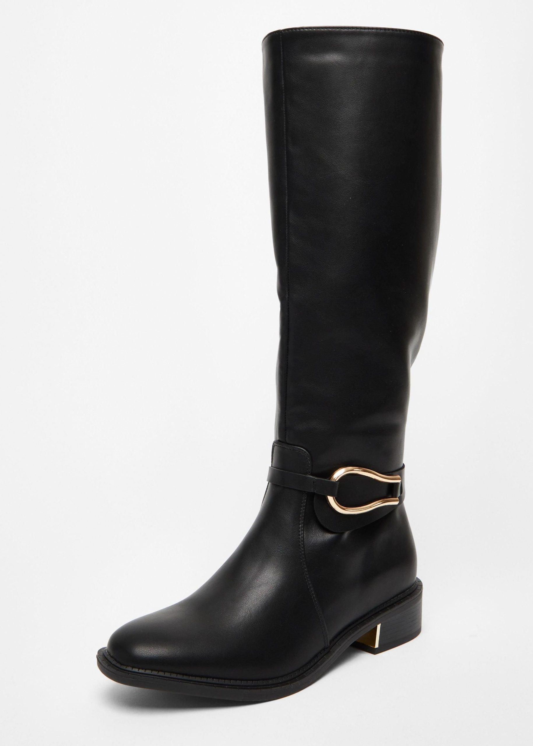 Black Wide Fit Faux Leather Knee High Flat Boots