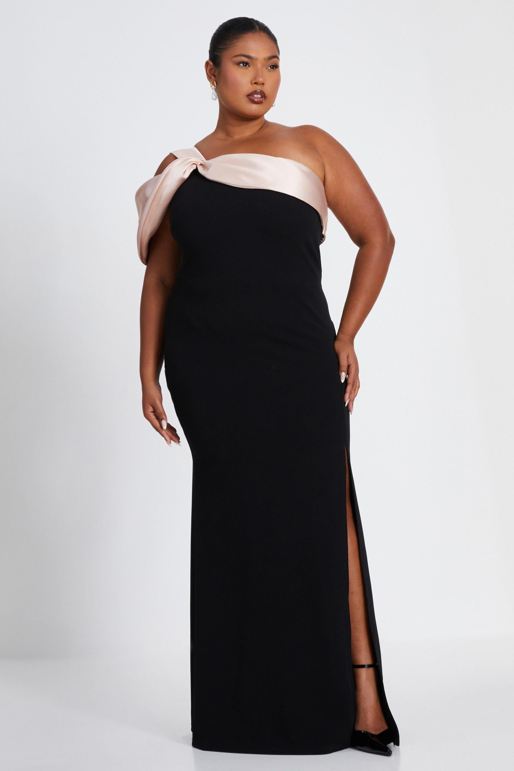 Black Curve Satin Off the Shoulder Maxi Dress