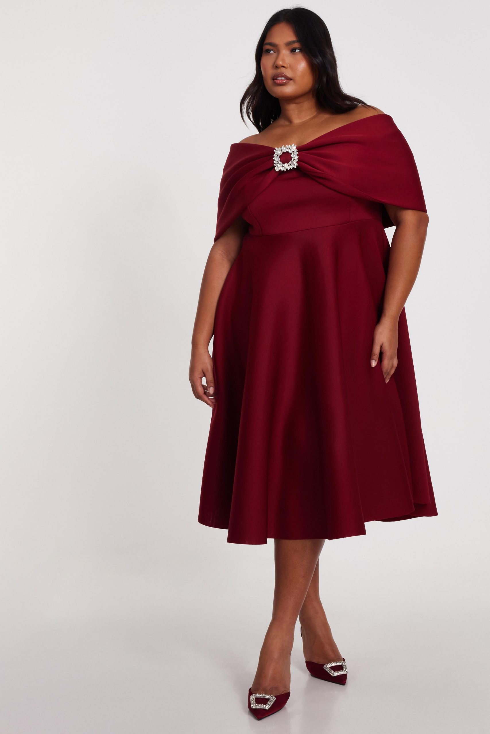 Wine Curve Skater Midi Dress