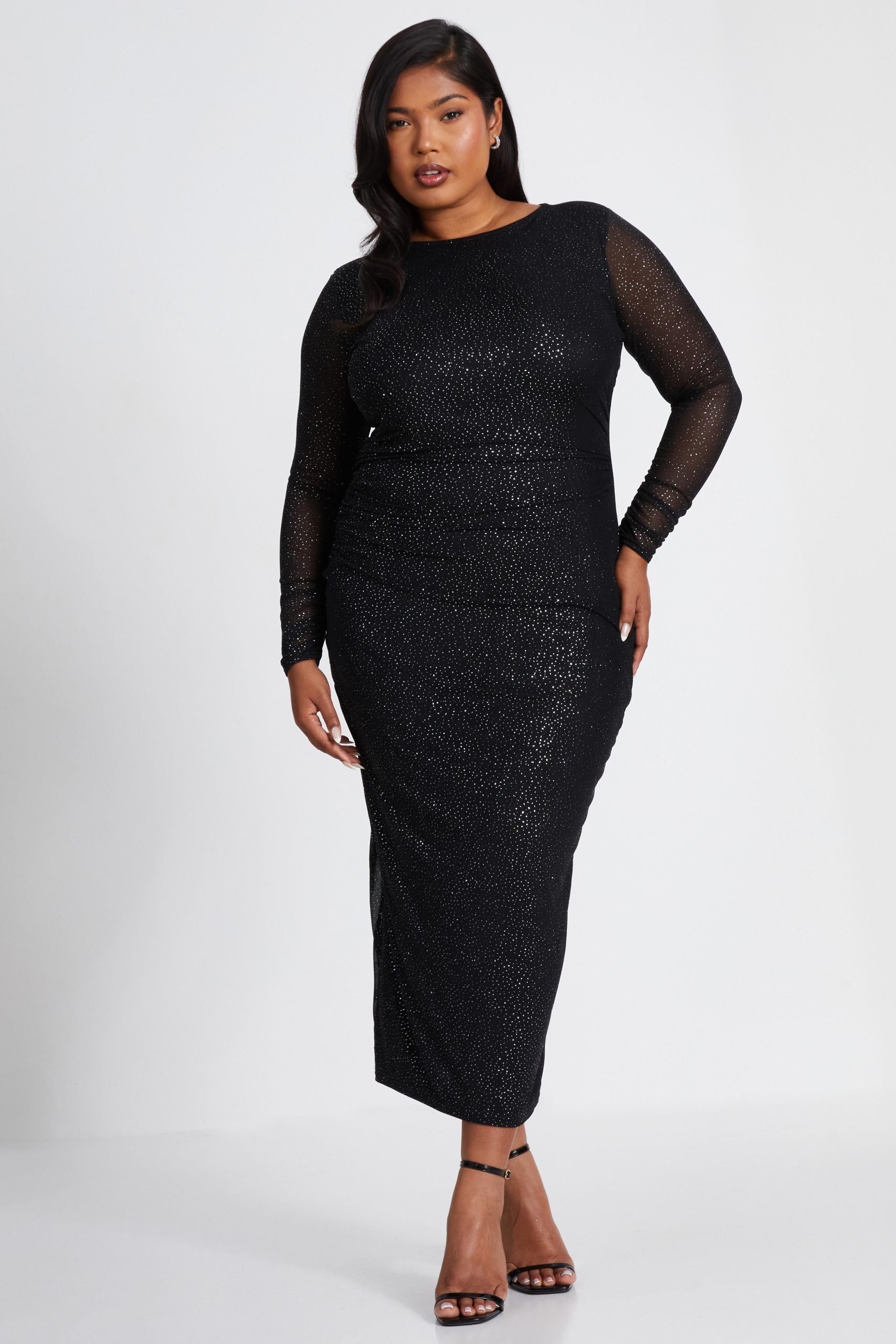 Black Curve Glitter Mesh Midaxi Dress