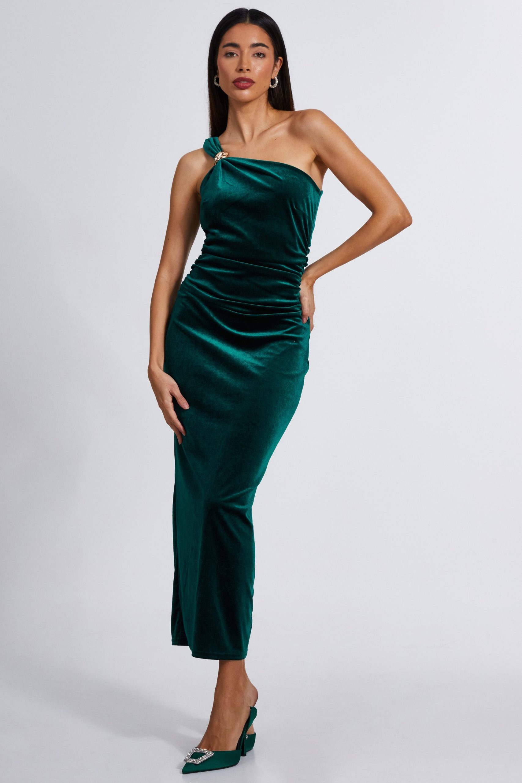 Green Velvet One Shoulder Midaxi Dress