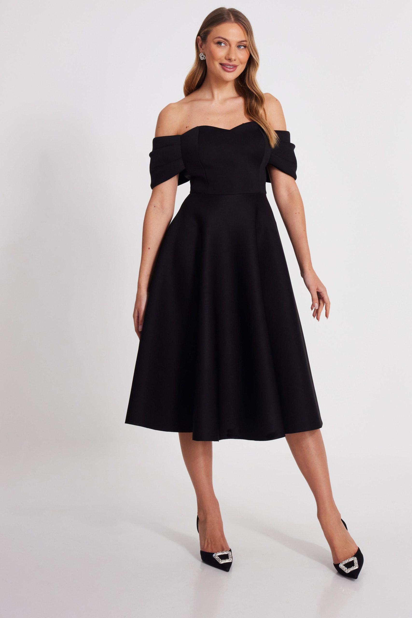 Black Bardot Midi Skater Dress
