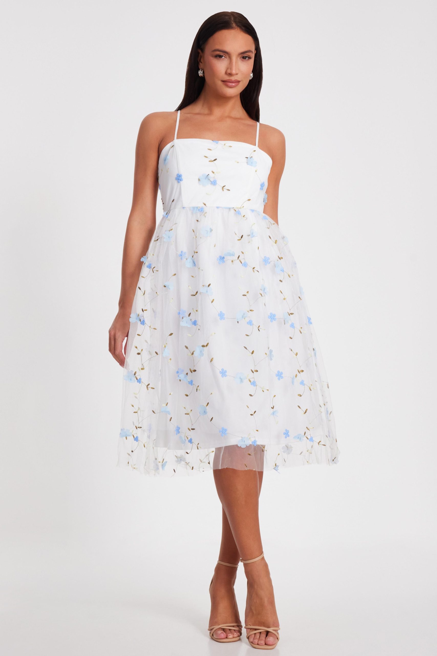 White Embroidered Floral Midi Dress