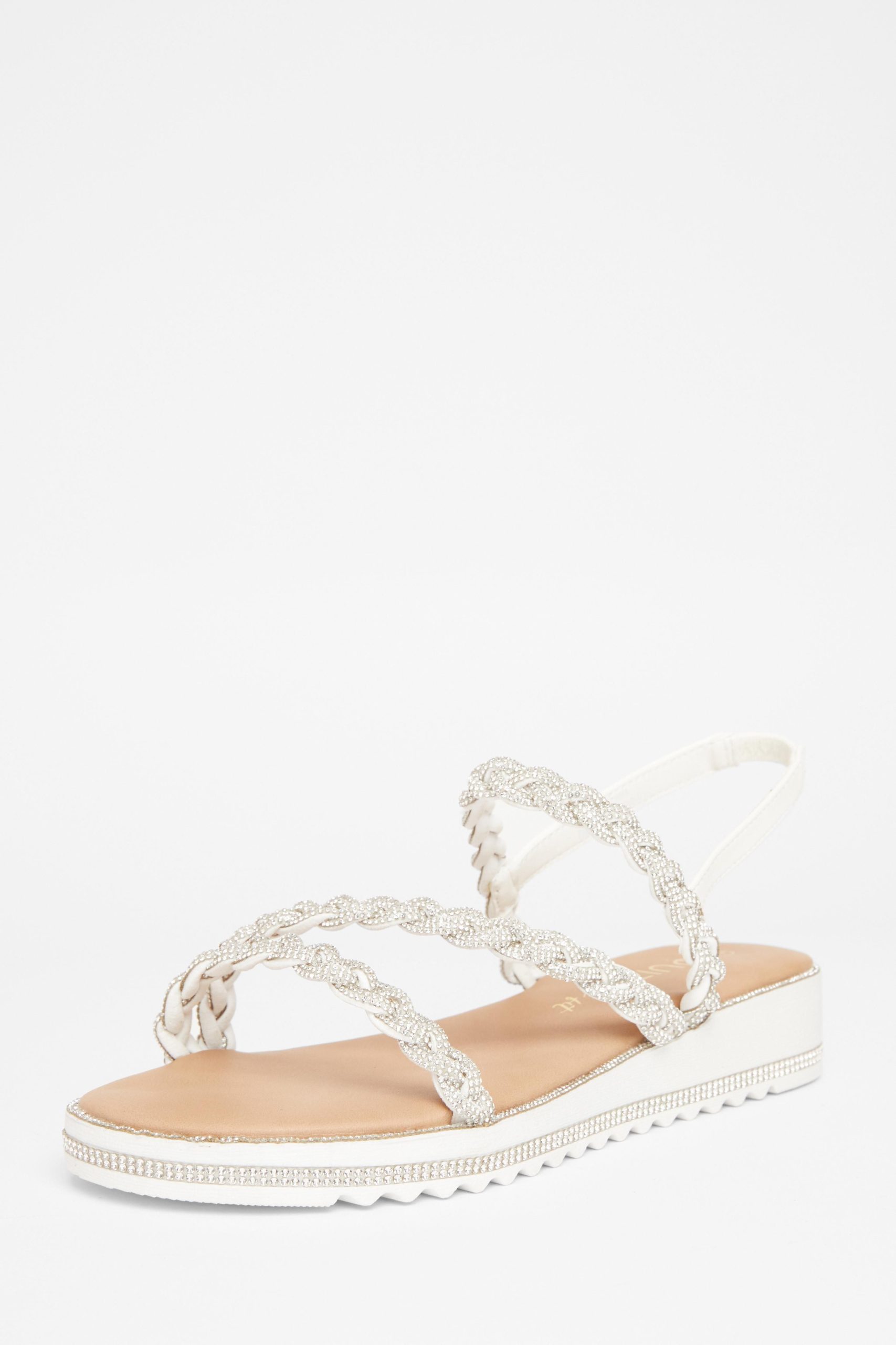 White Wide Fit Diamante Flat Sandals