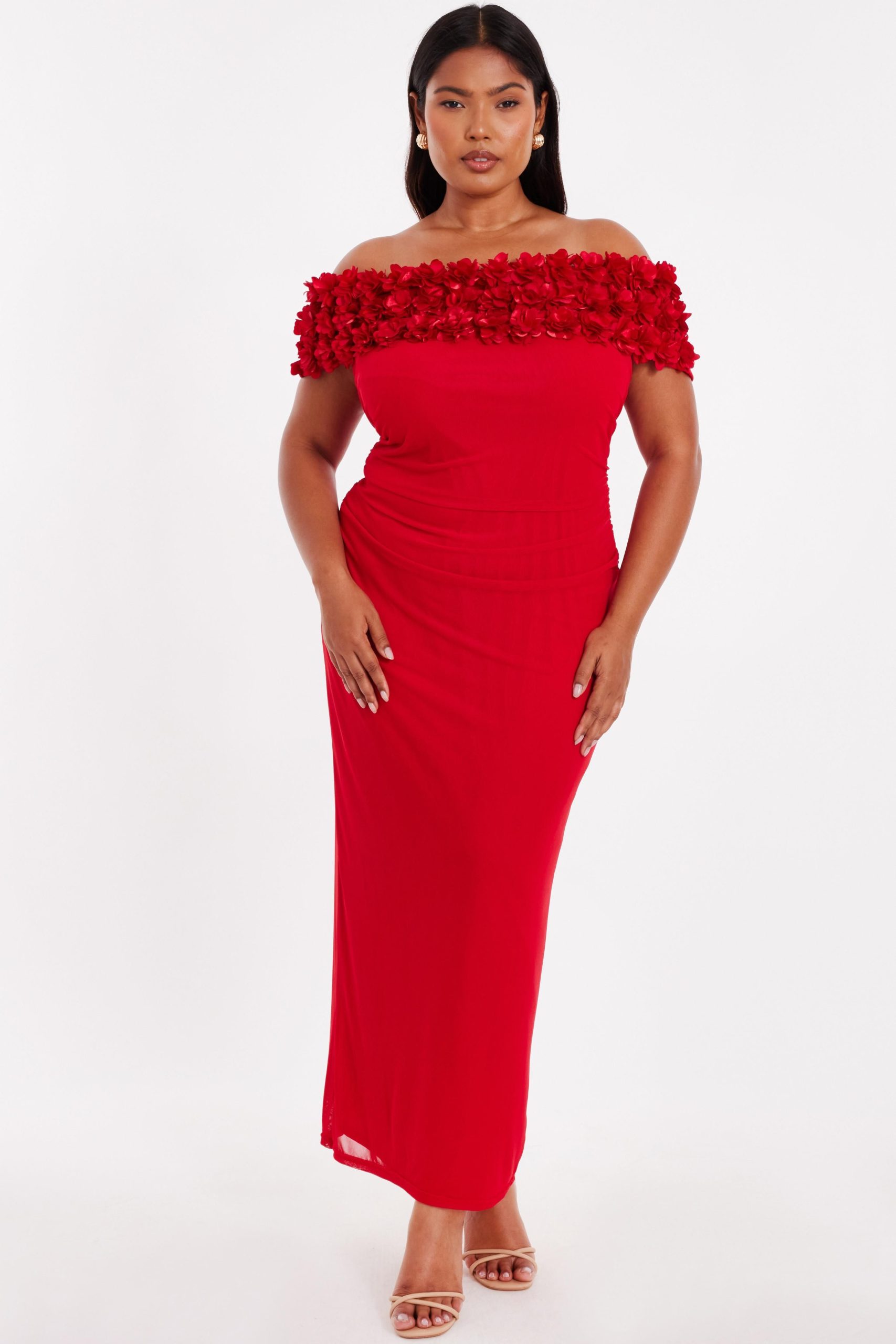 Red Curve Floral Bardot Midaxi Dress