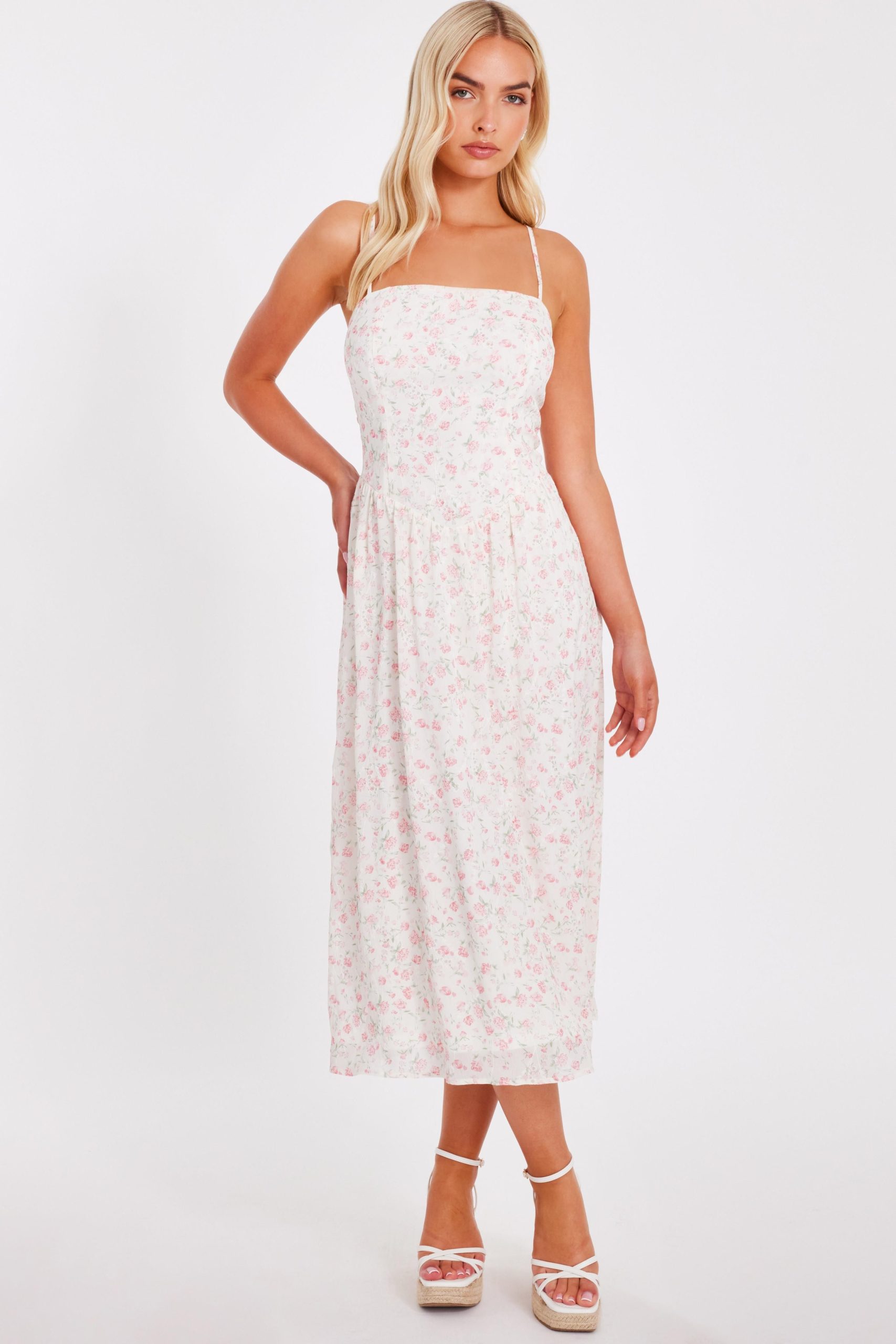 White Chiffon Floral Midi Dress