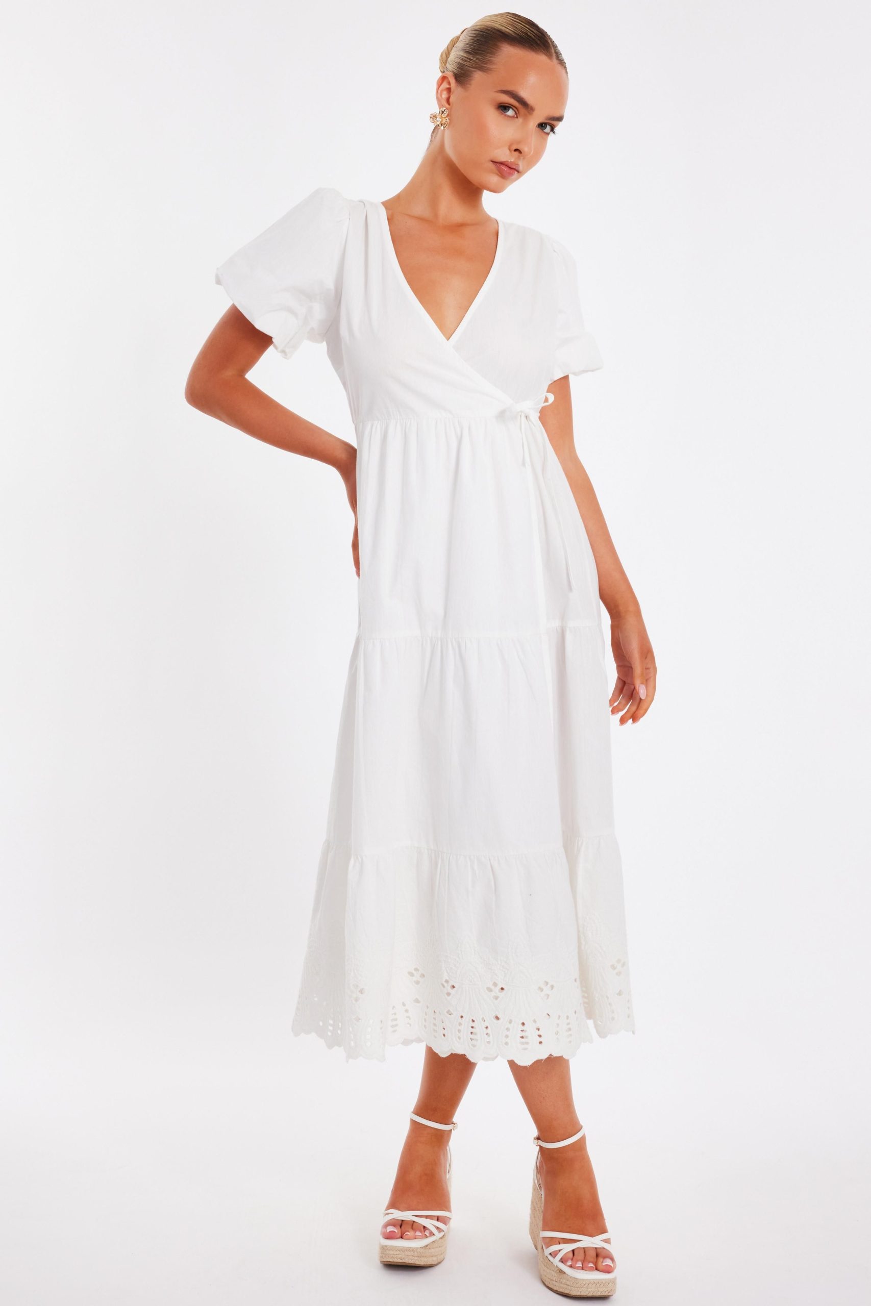 White Embroidered Hem Midaxi Dress