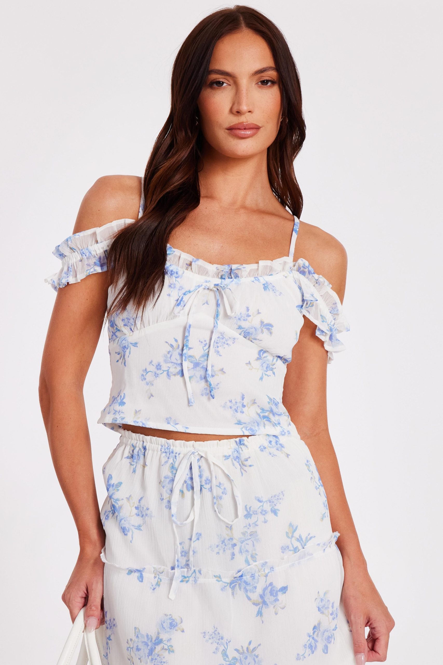 White Floral Tie Front Top