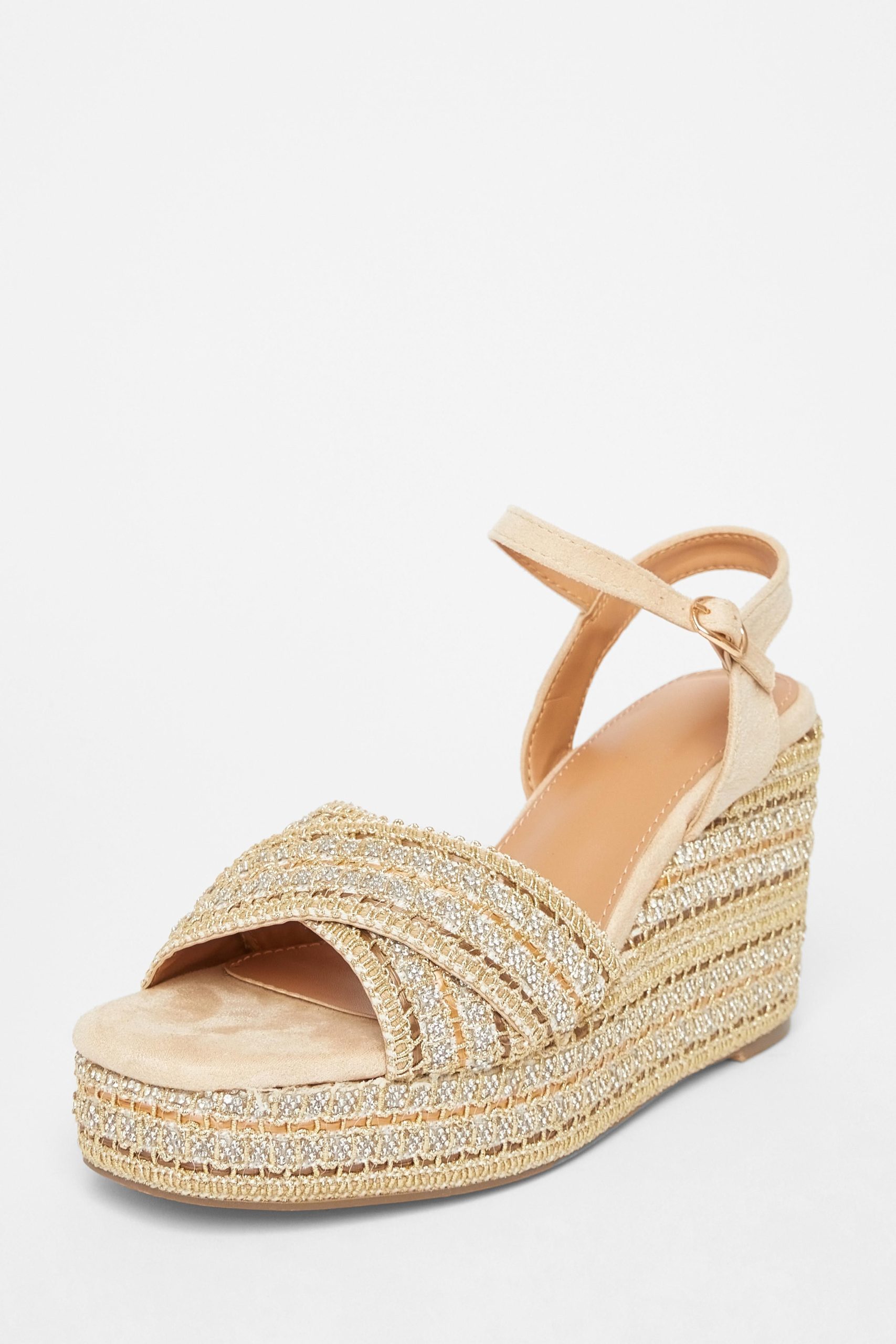 Beige Cross Strap Embellished Wedges