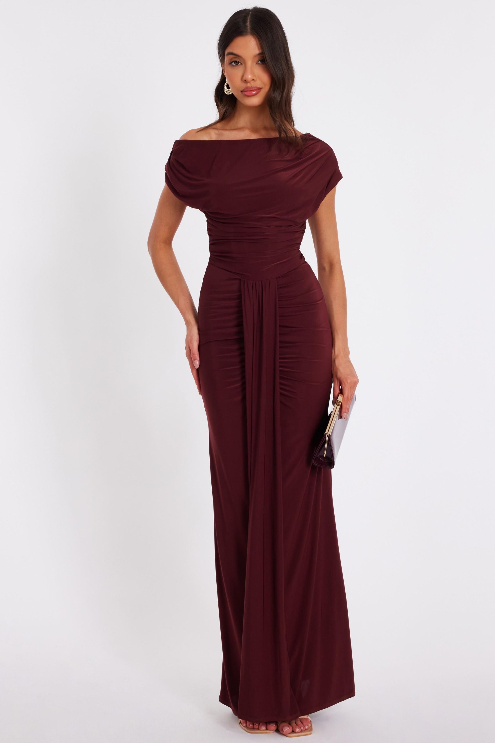 Wine Off Shoulder Ruched Maxi Dress