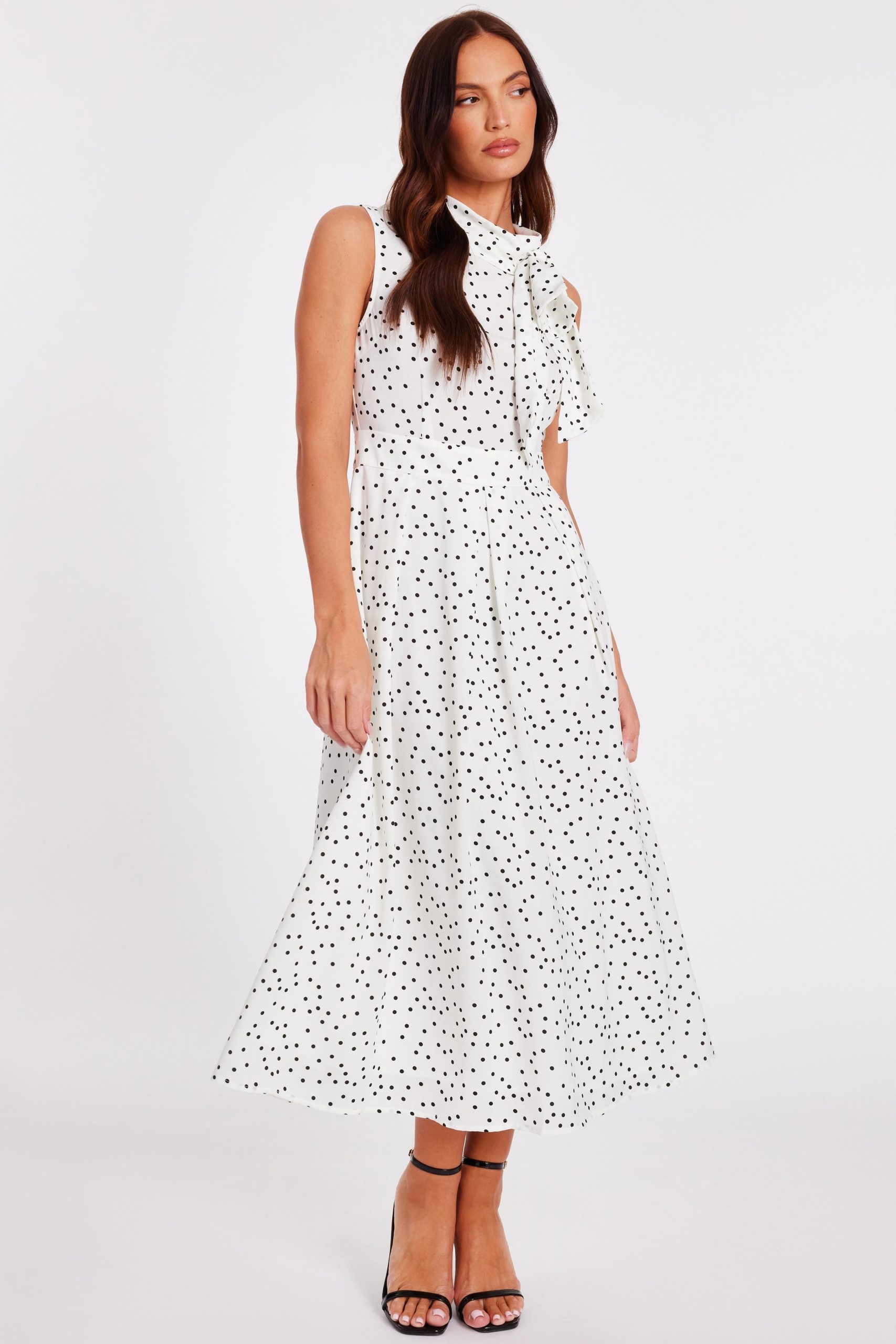 White Tie Neck Polka Dot Midaxi Dress