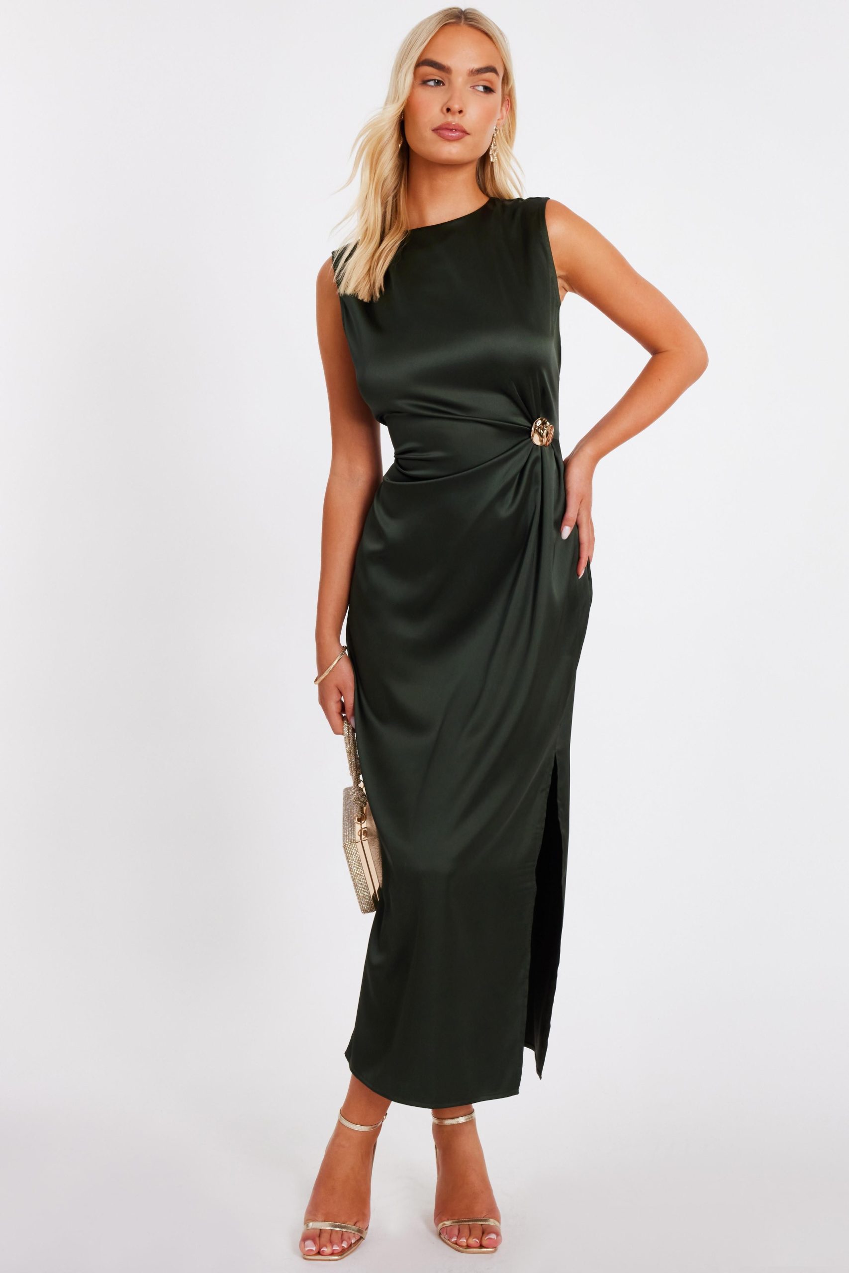 Khaki Satin Buckle Side Midaxi Dress