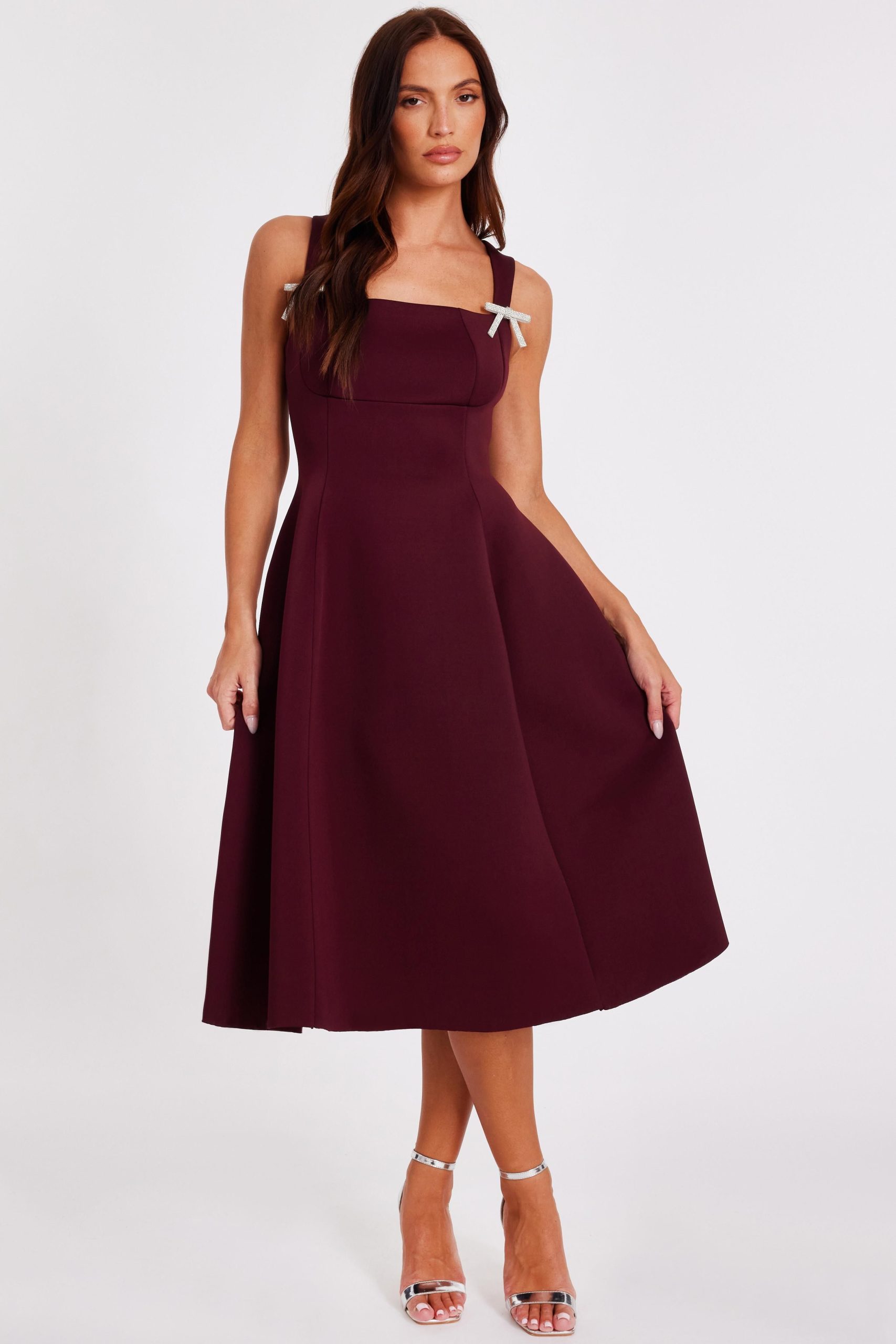 Wine Diamante Bow Midi Dress