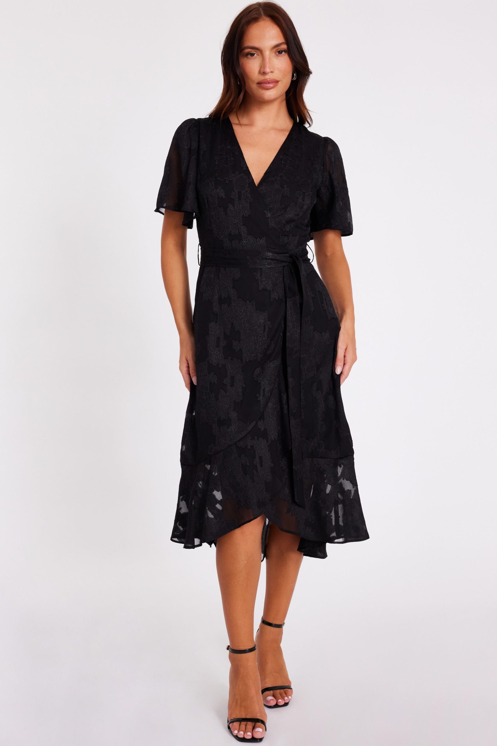 Black Jacquard Wrap Midi Dress