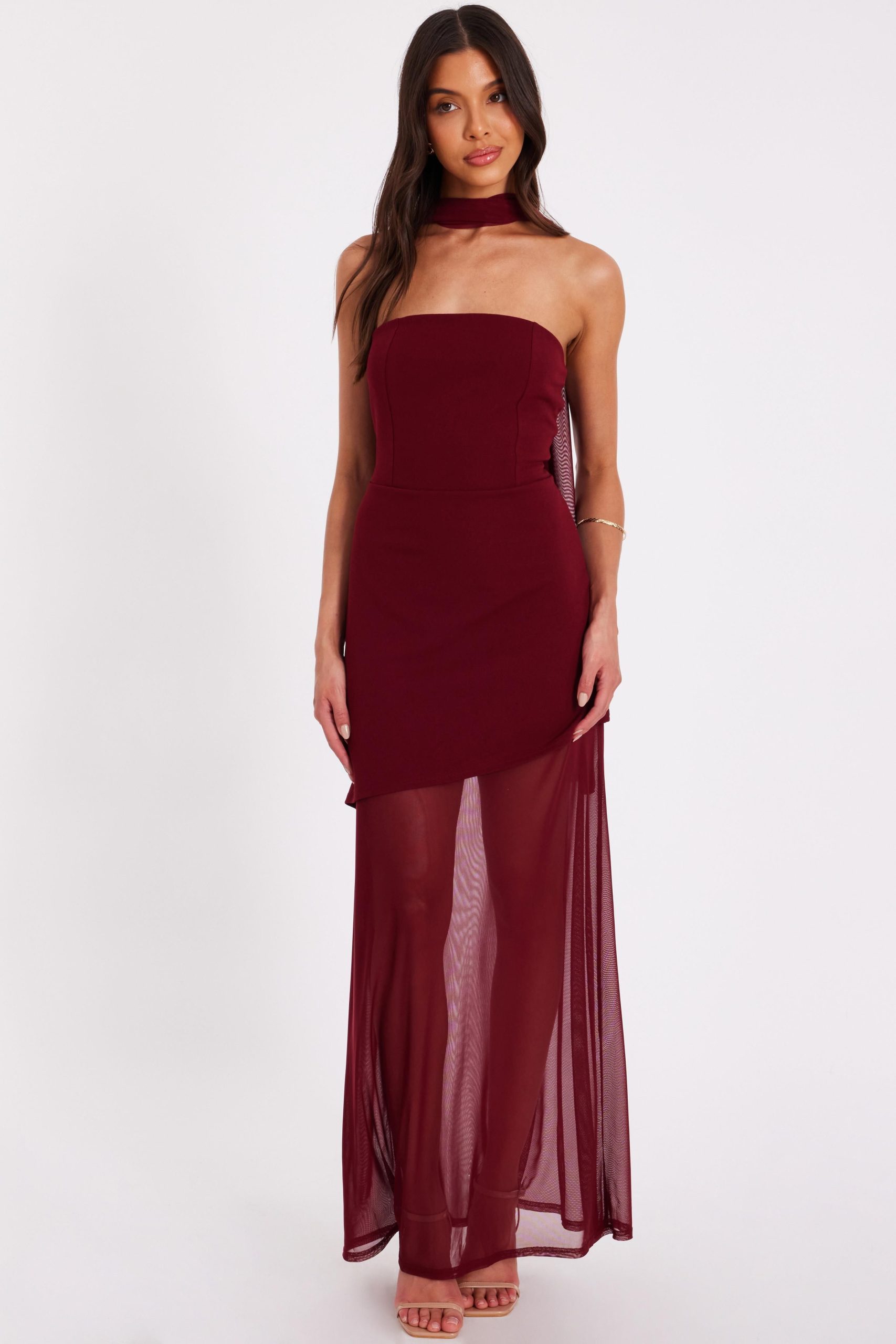 Wine Strapless Mesh Hem Maxi Dress