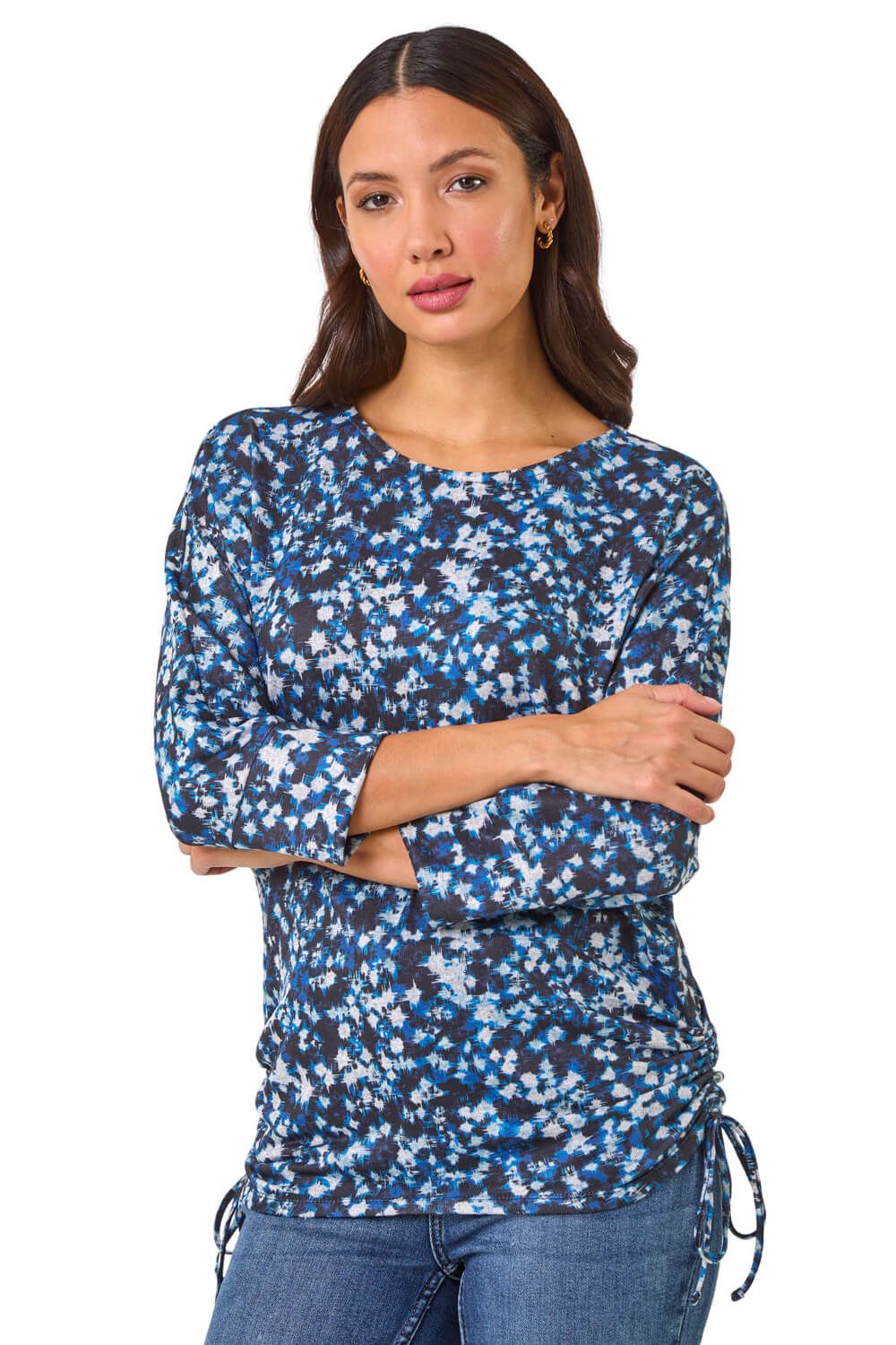 Abstract Print Side Tie Ruched Top