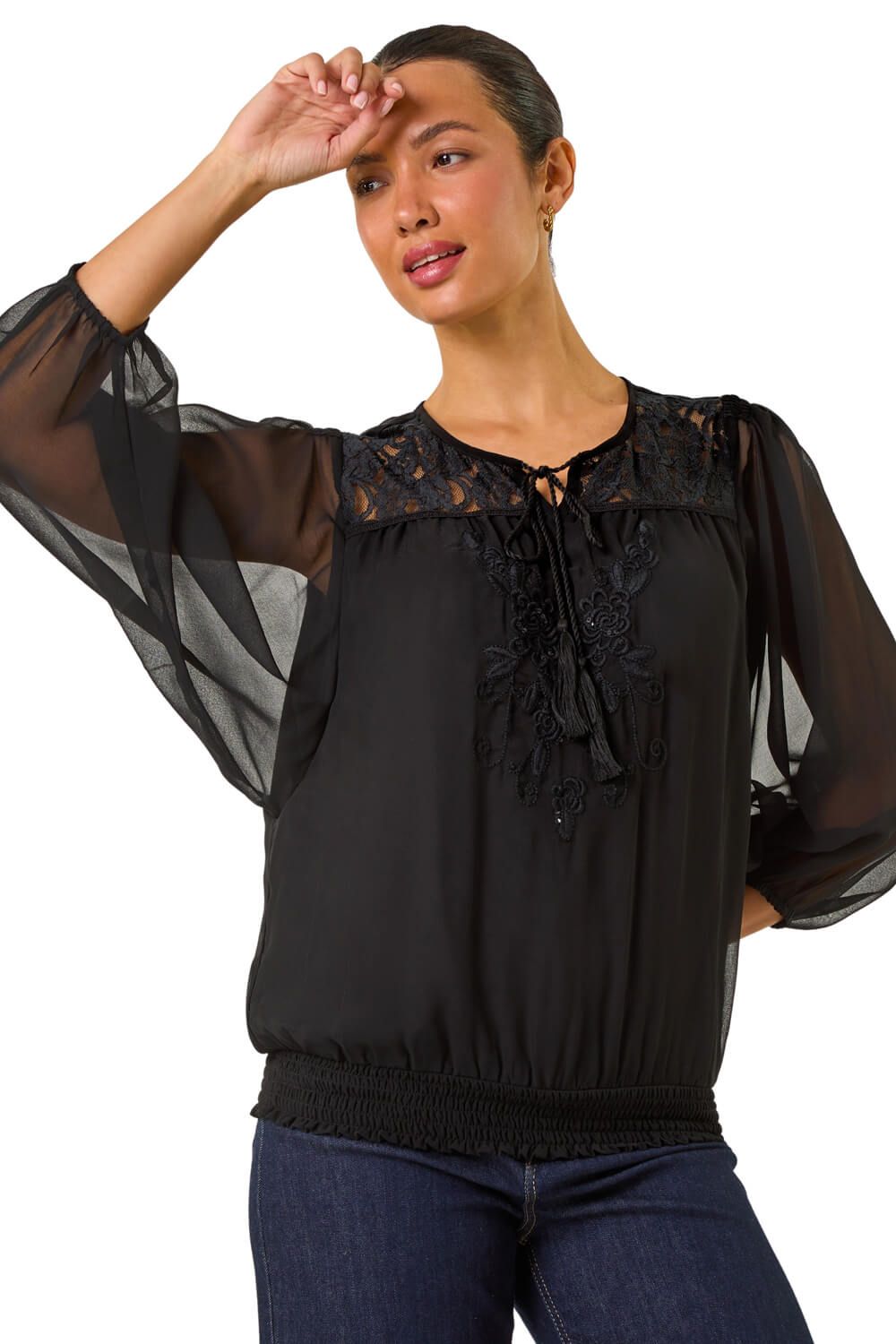Embroidered Lace Shirred Hem Top