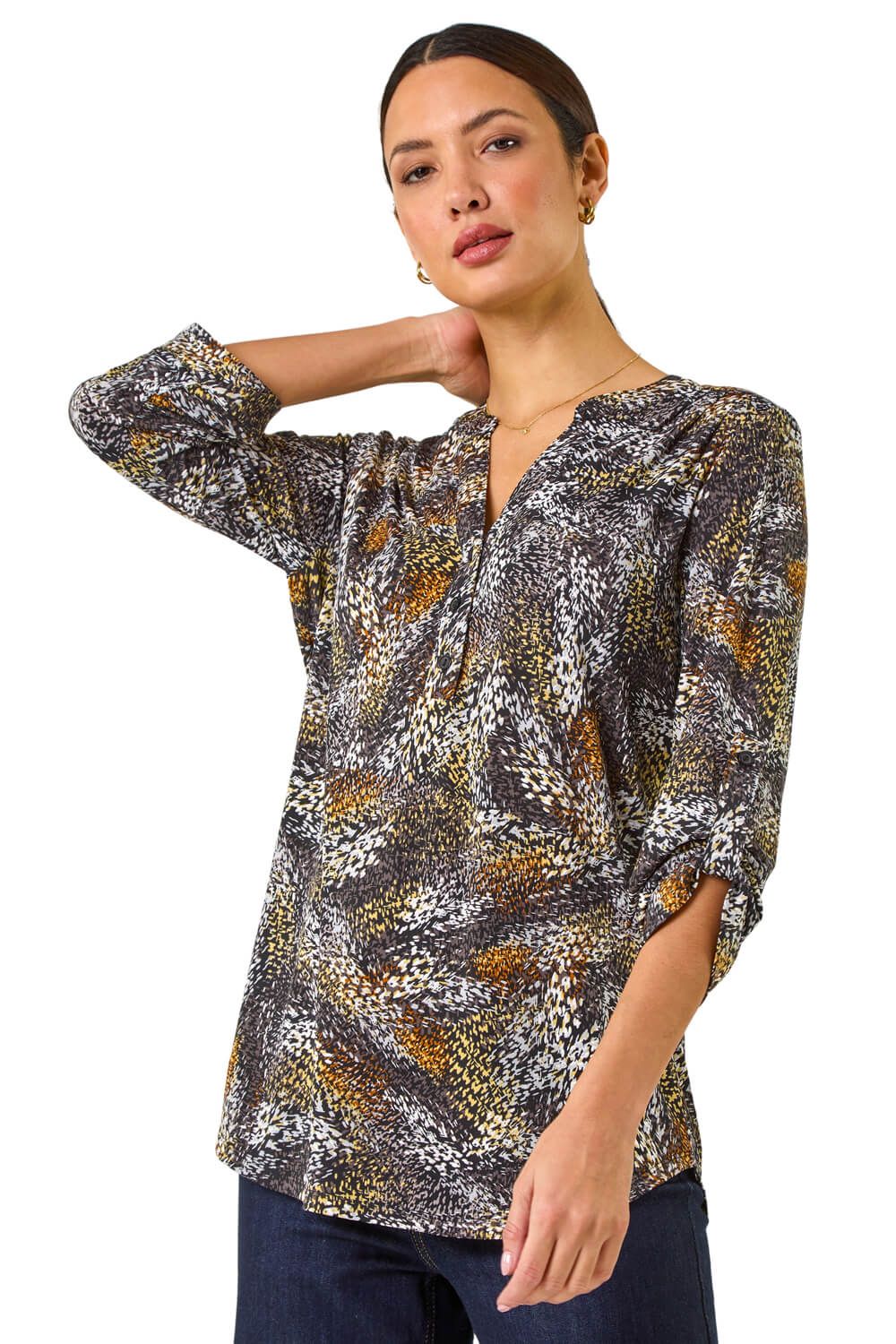 Abstract Print Notch Neck Shirt