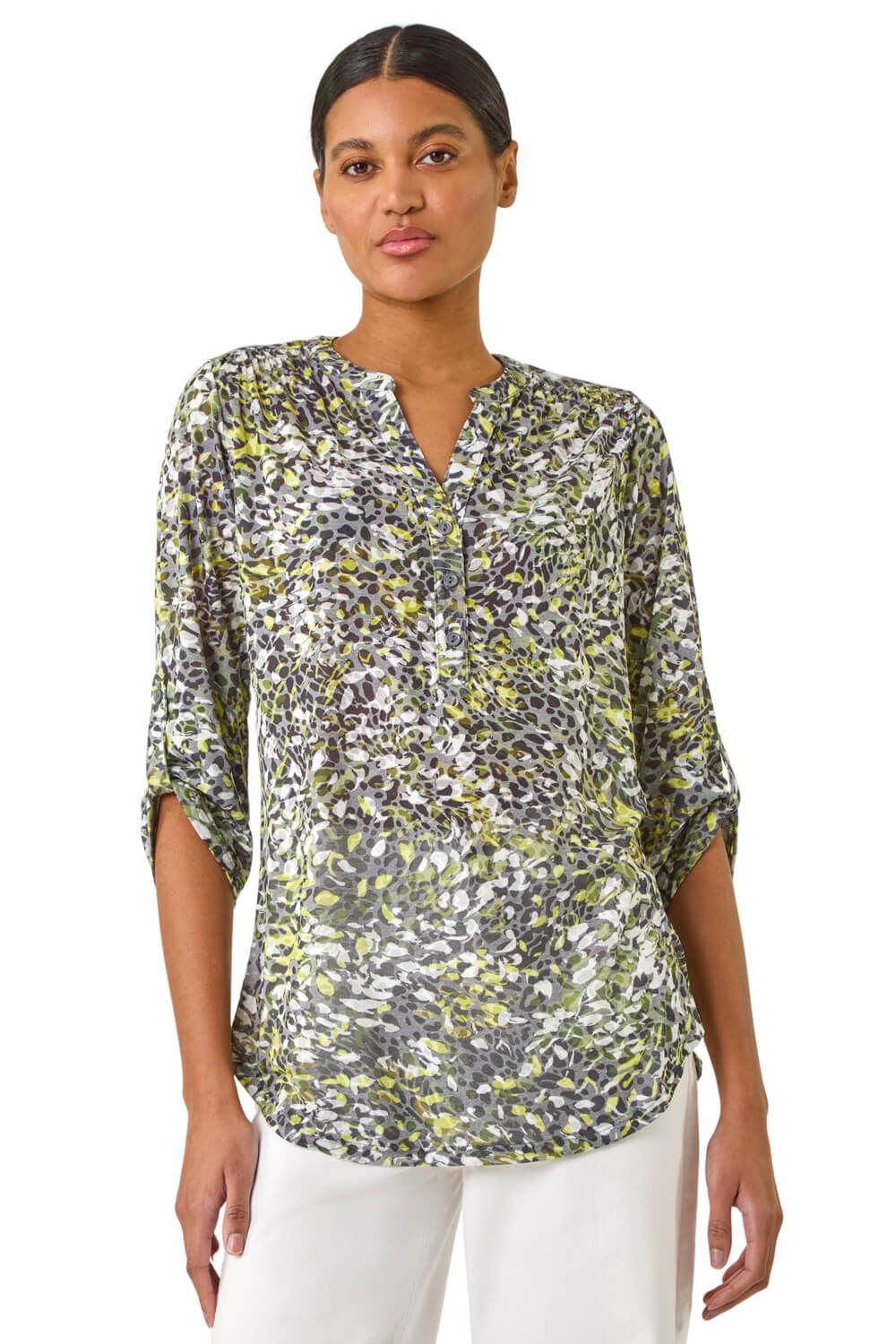 Animal Print Burnout V-Neck Stretch Shirt