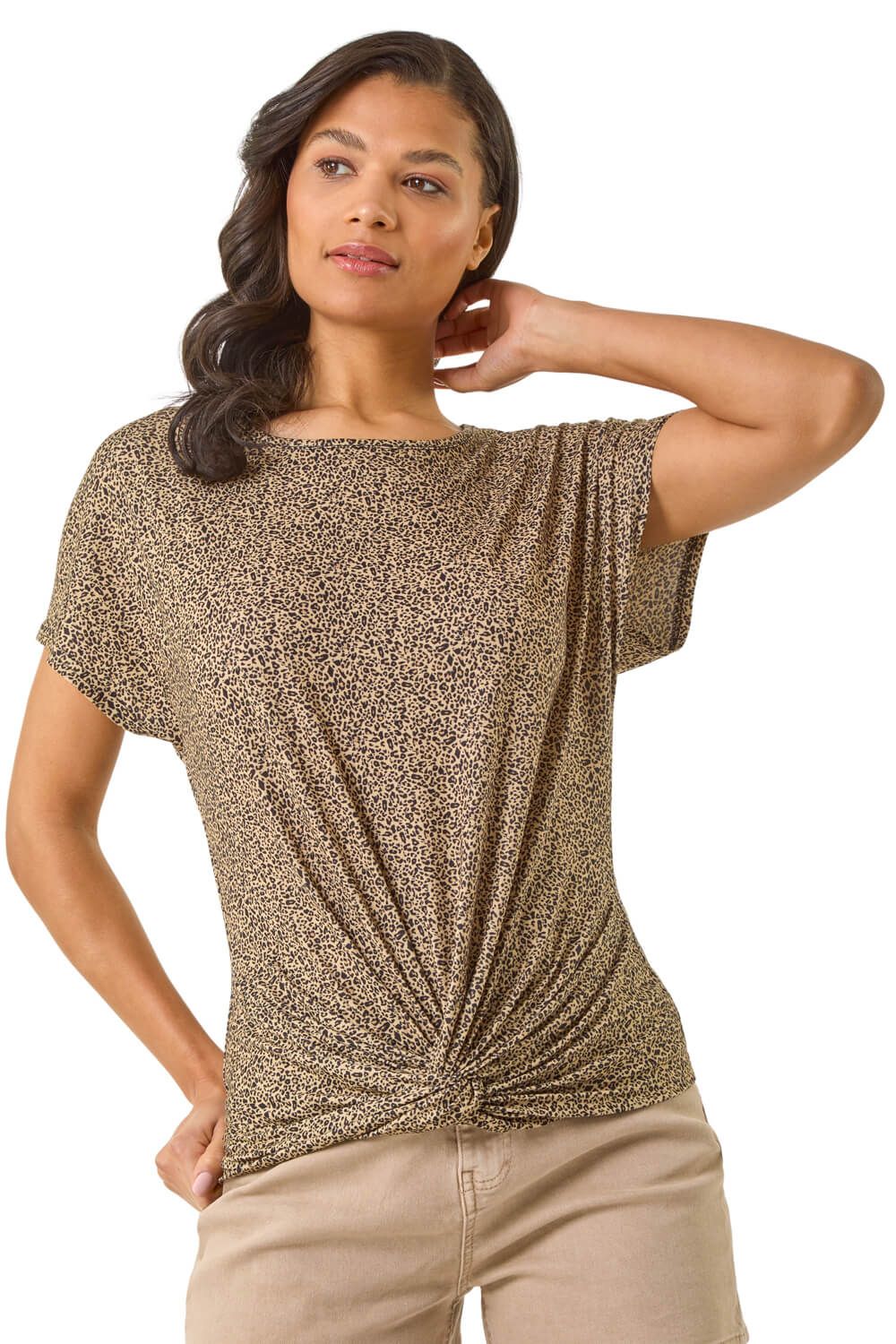 Animal Print Knot Front Stretch Top