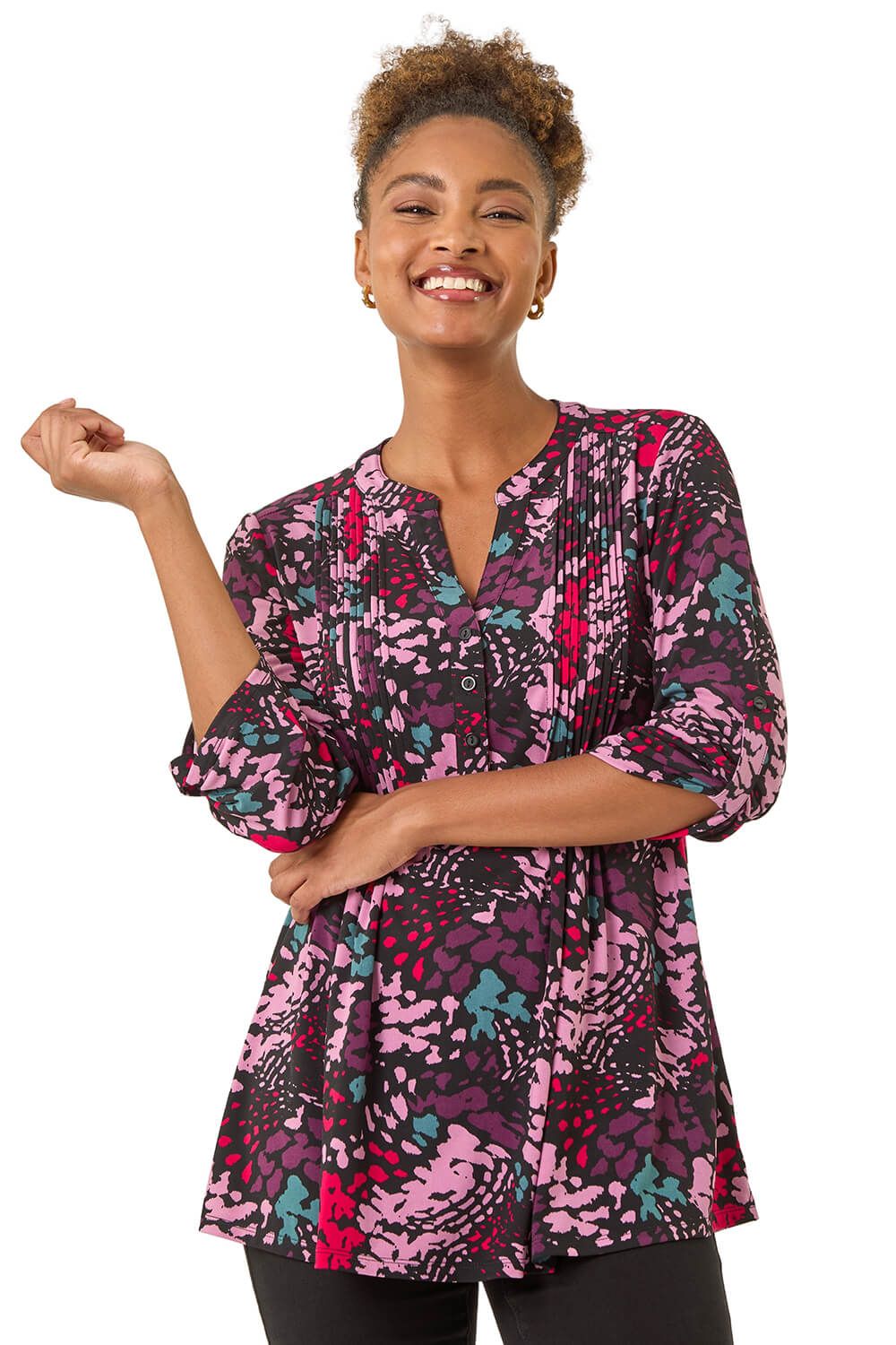 Abstract Animal Print Pintuck Shirt