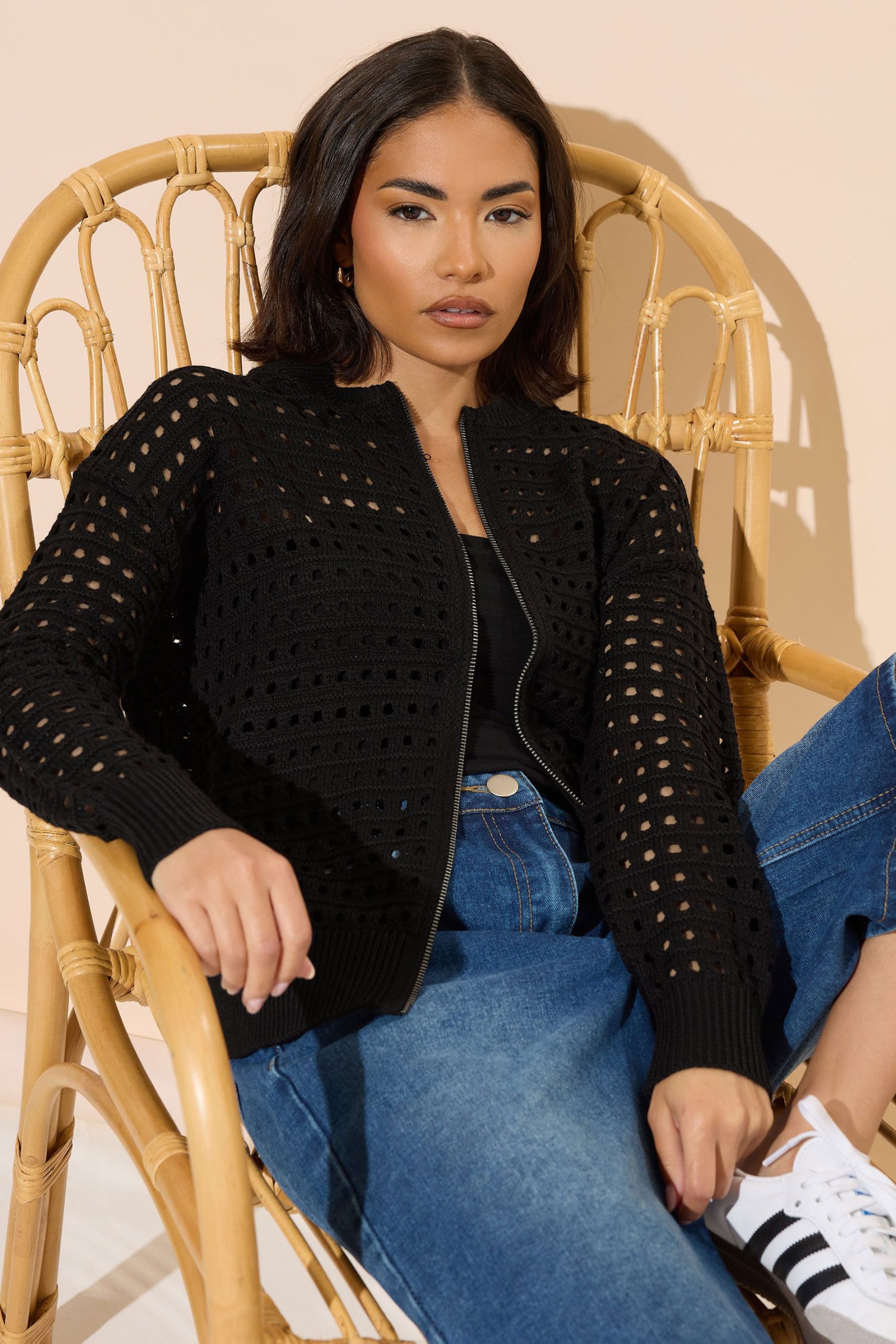 Petite Crochet Knit Bomber Jacket