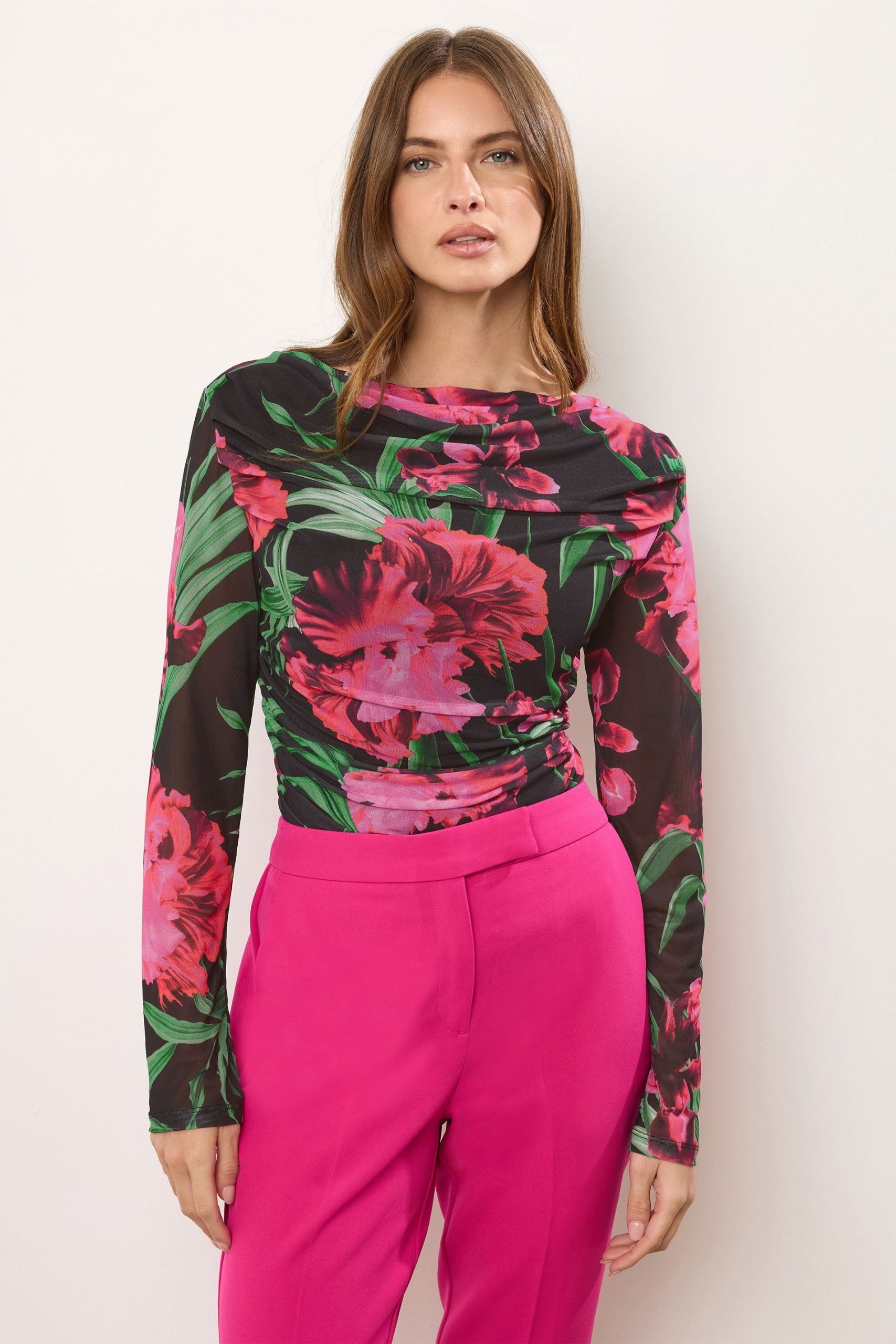 Mesh Floral Cowl Neck Top