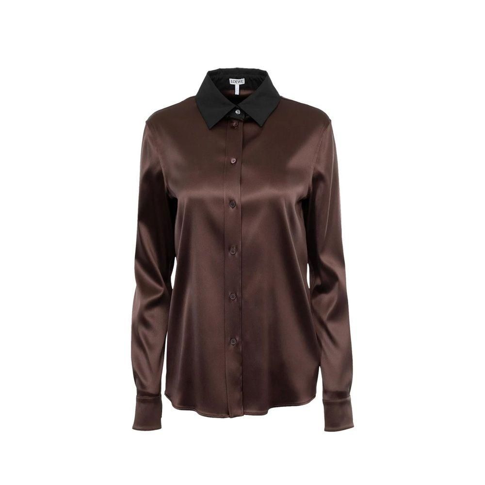 Silk Shirt with Classic Collar and Button Cuffs- Brown