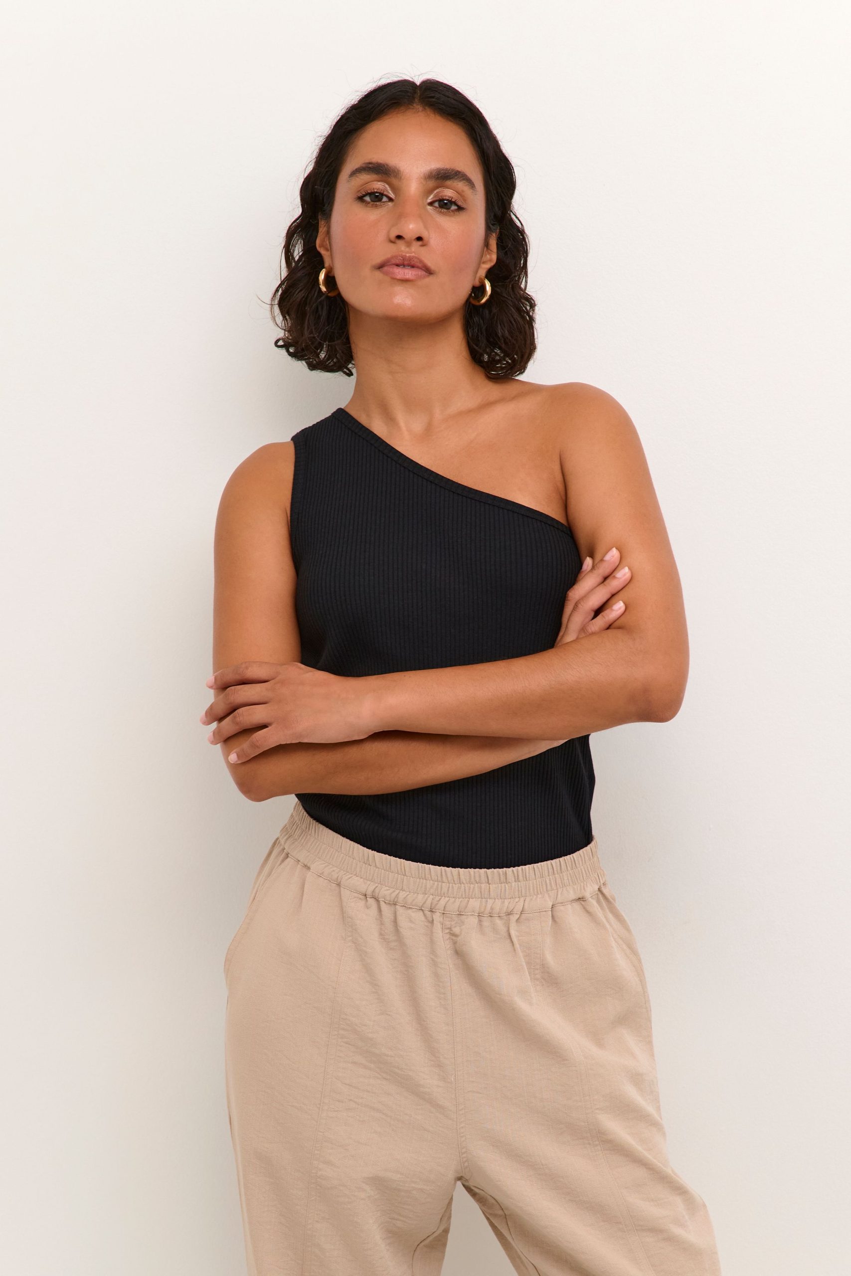 Pia One Shoulder Rib Jersey Top Plain
