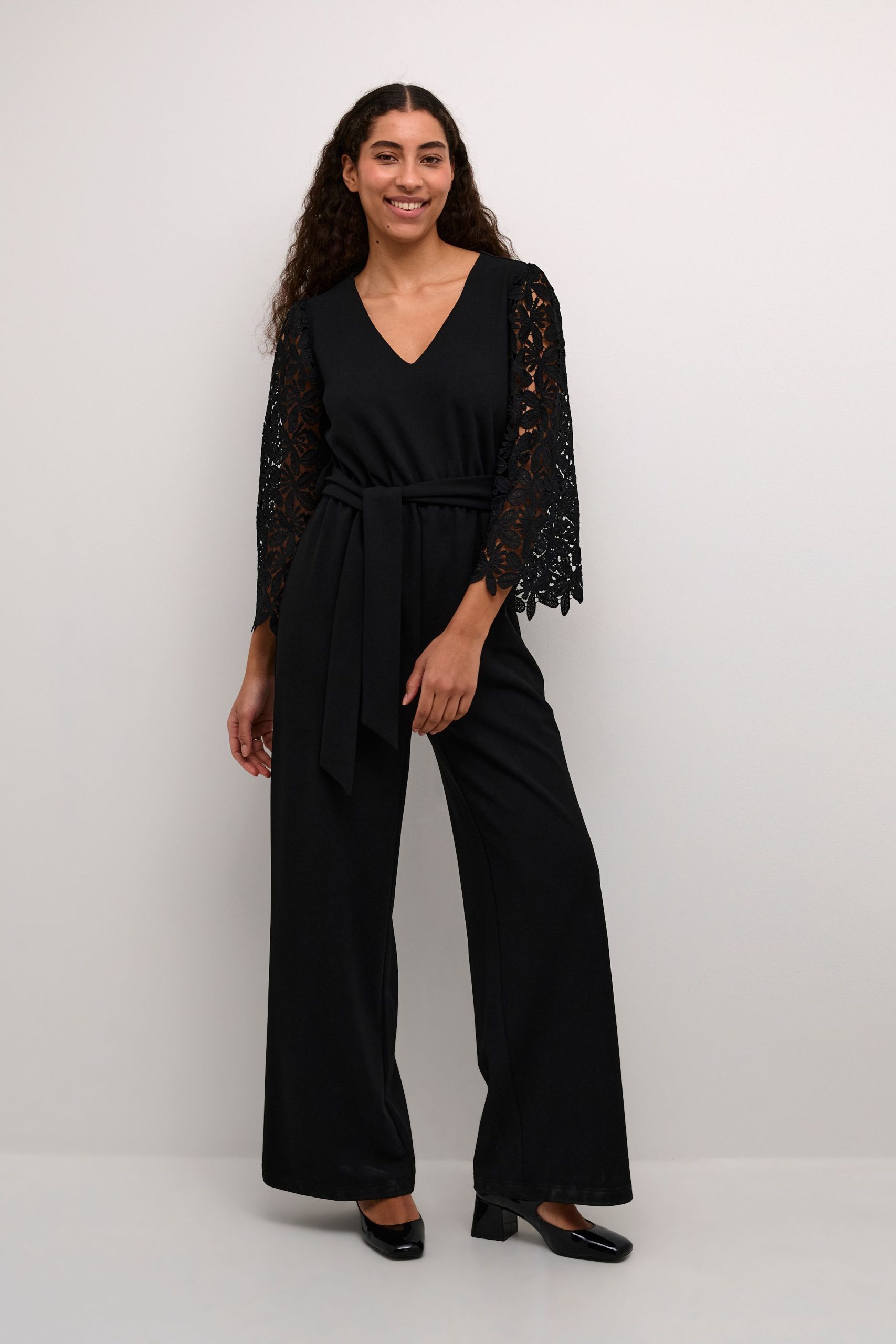 KAemily Lace Sleeve Wide Leg Jumpsuit Plain