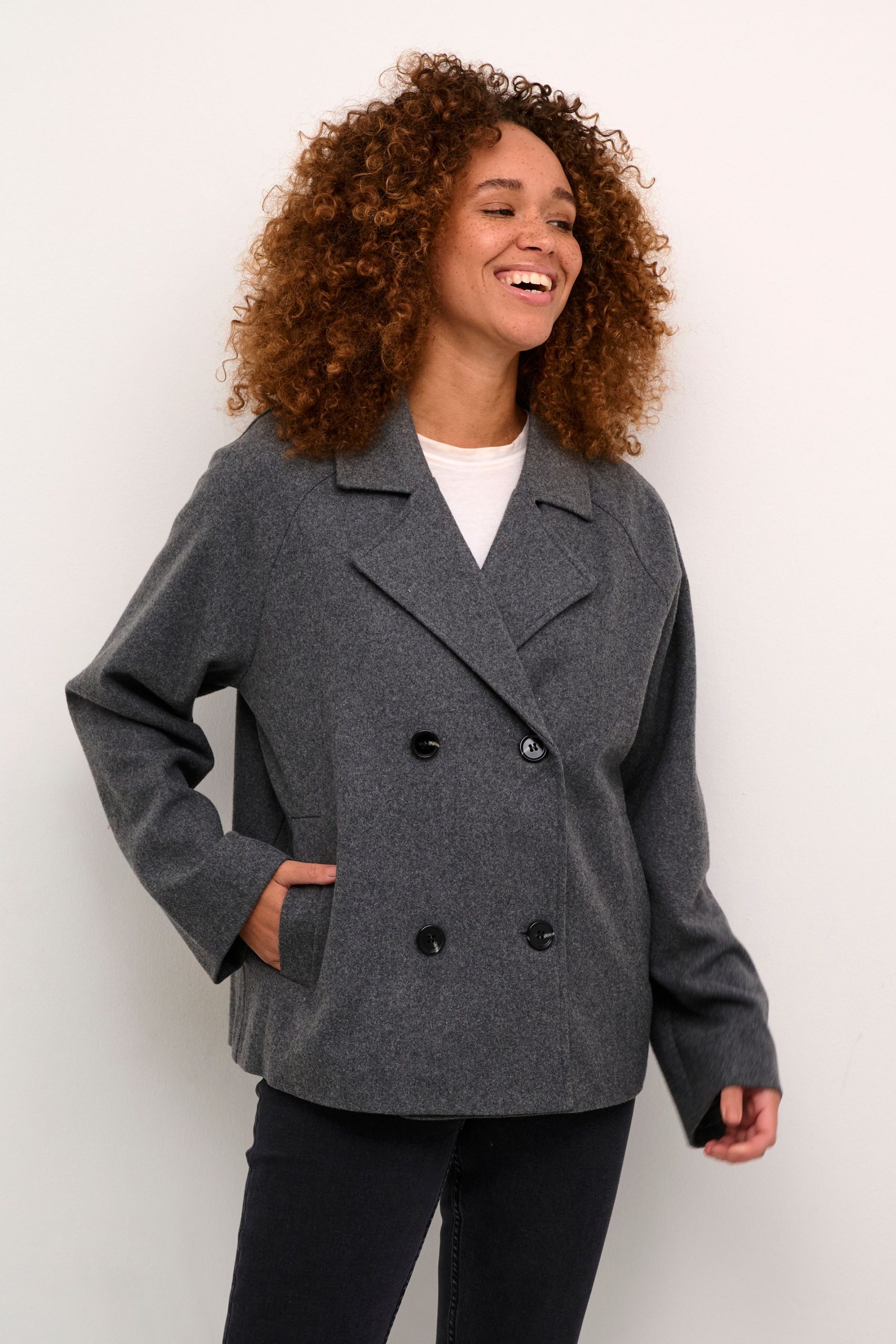 Fanny Double-breasted Hip Length Coat Plain
