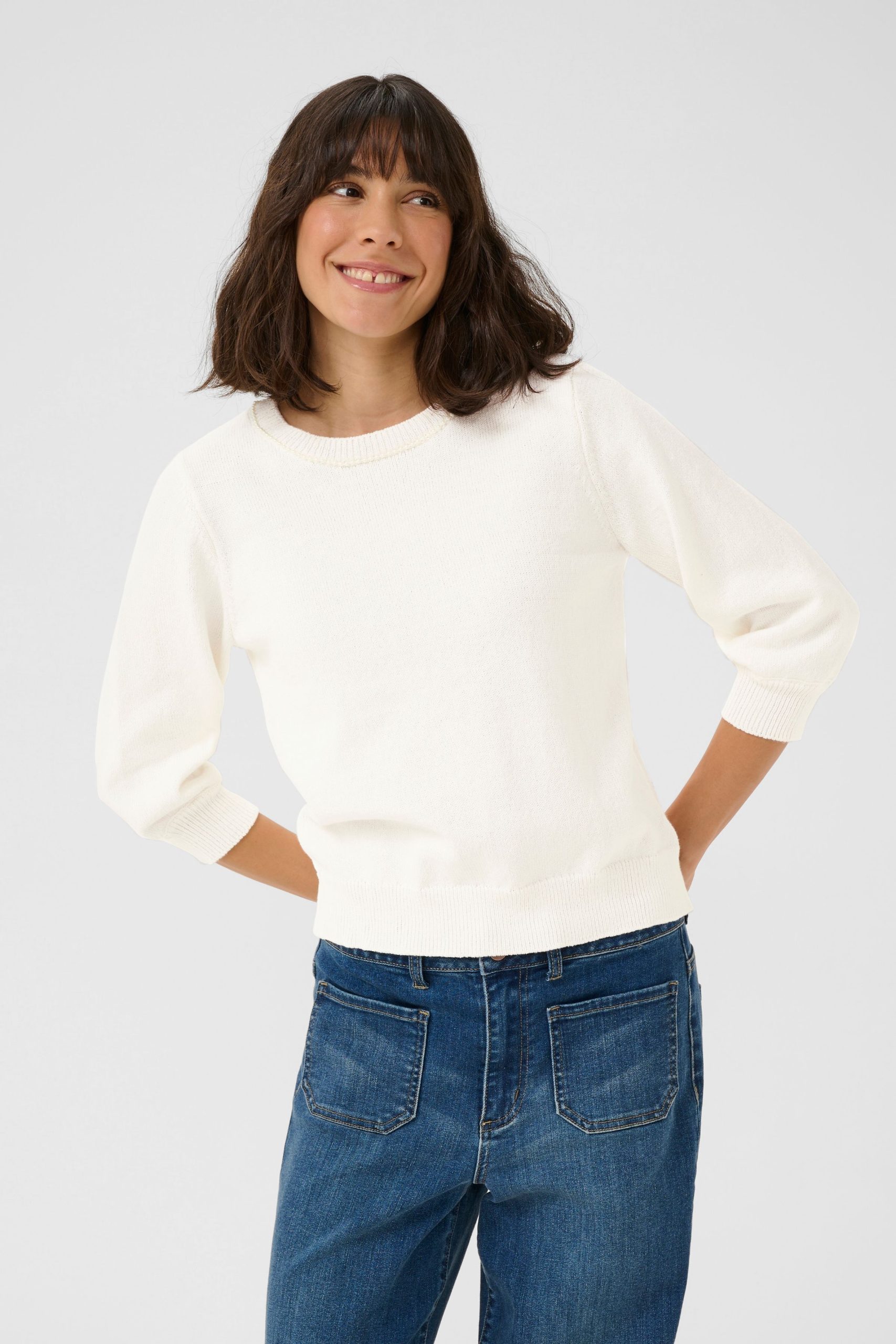 KAmary 3/4 Sleeves Round Neck Pullover Plain
