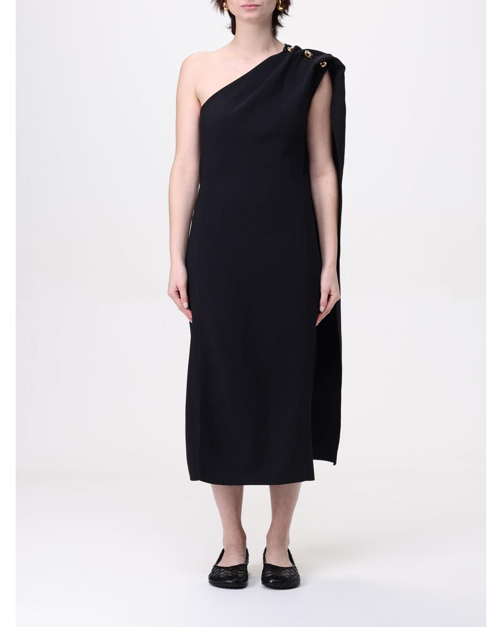 OneShoulder Cape Sleeve Midi Dress- Black Dresses