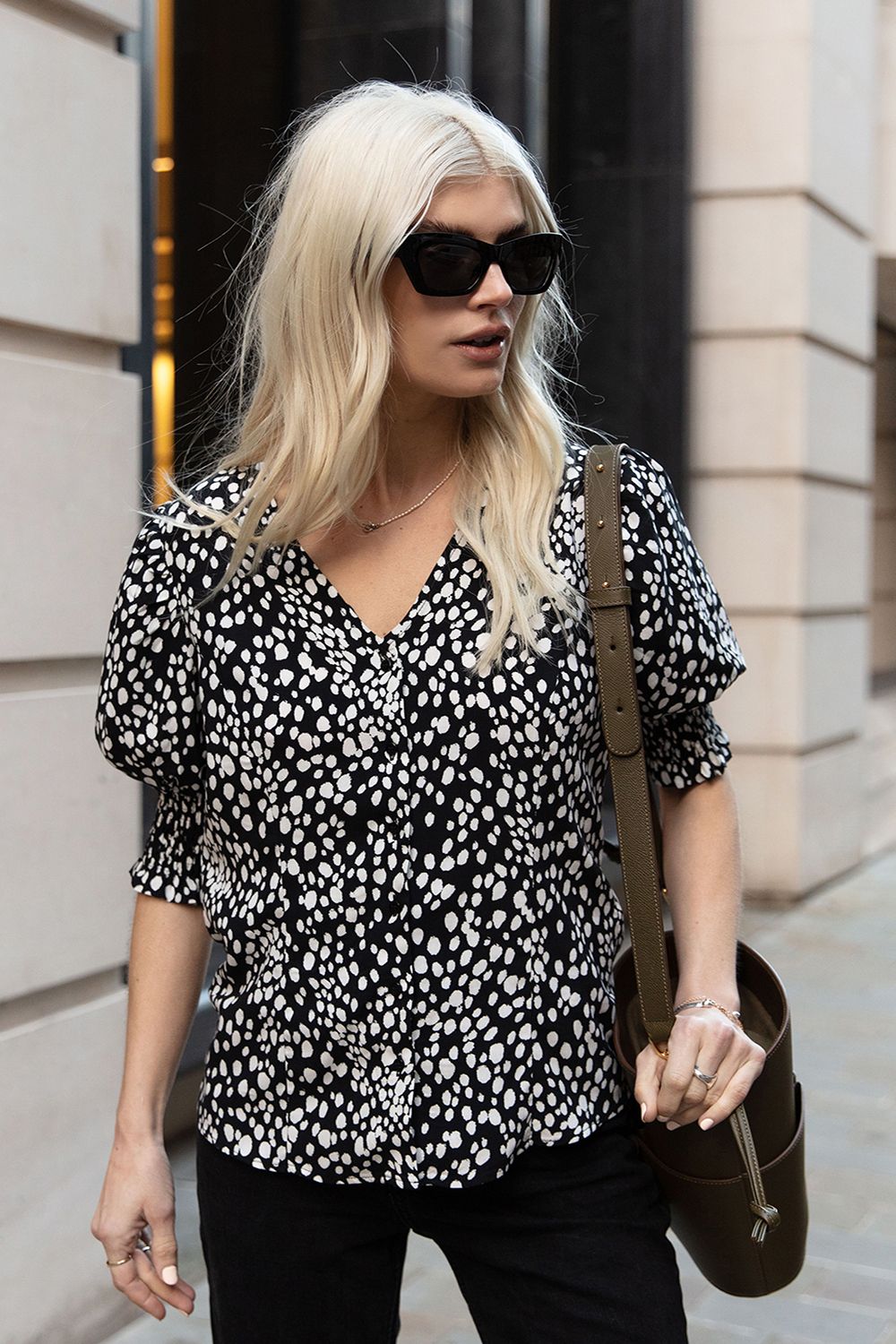 'Sand' V-Neck Short Puff Sleeve Blouse